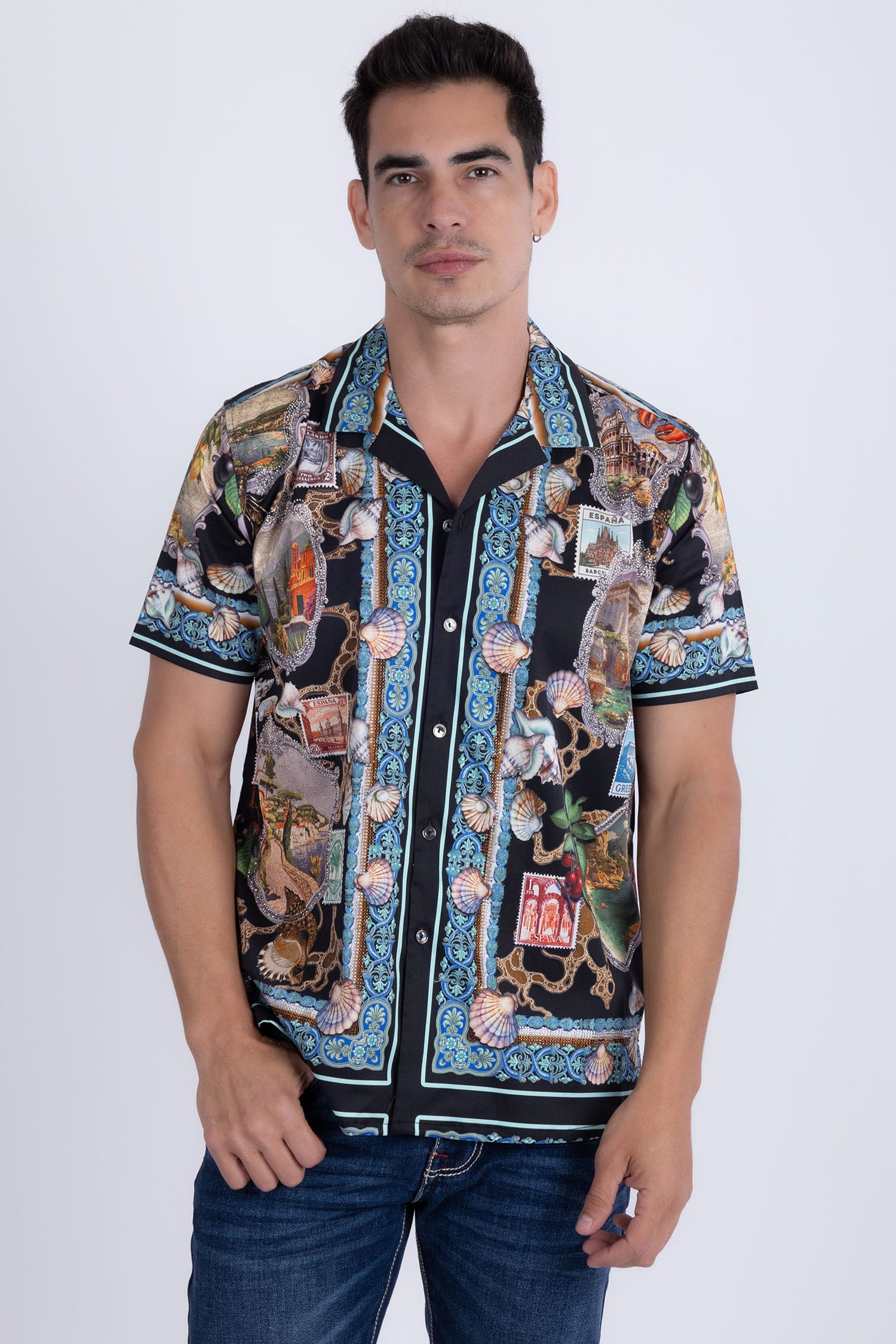 Men's Rhinestone Coral Reef Short-Sleeve Shirt | BARABAS 6SSR08 Blue
