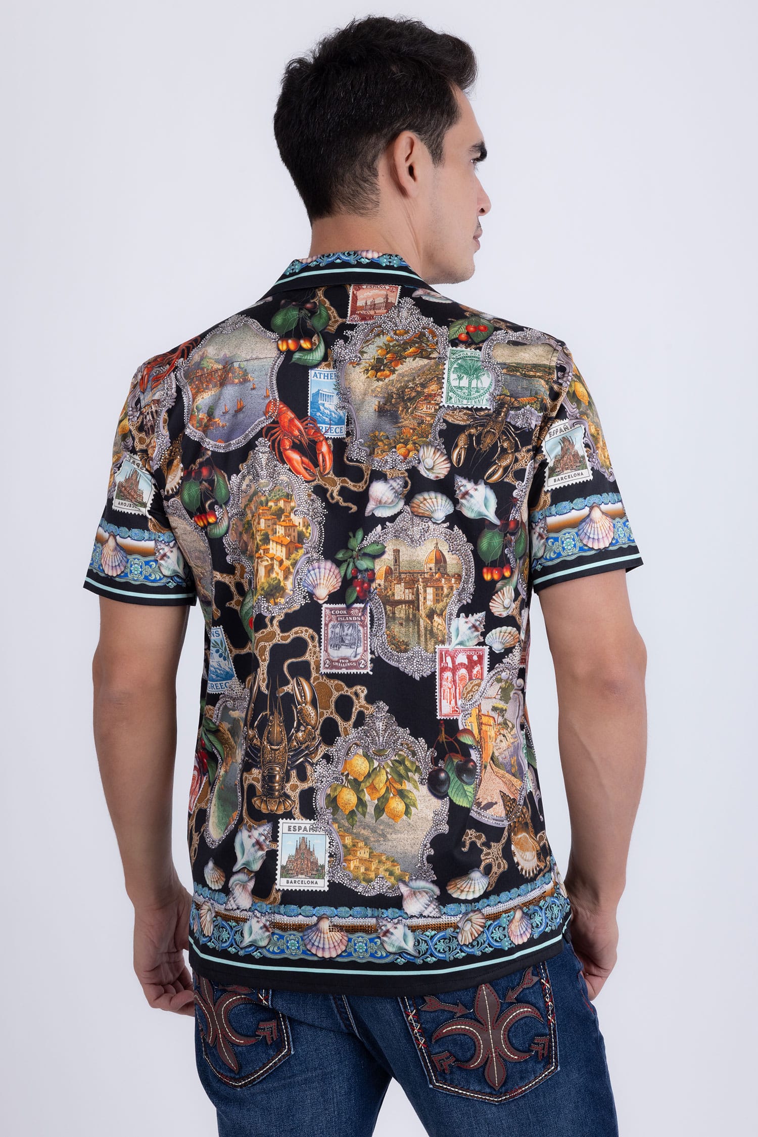 Men's Rhinestone Coral Reef Short-Sleeve Shirt | BARABAS 6SSR08 Navy