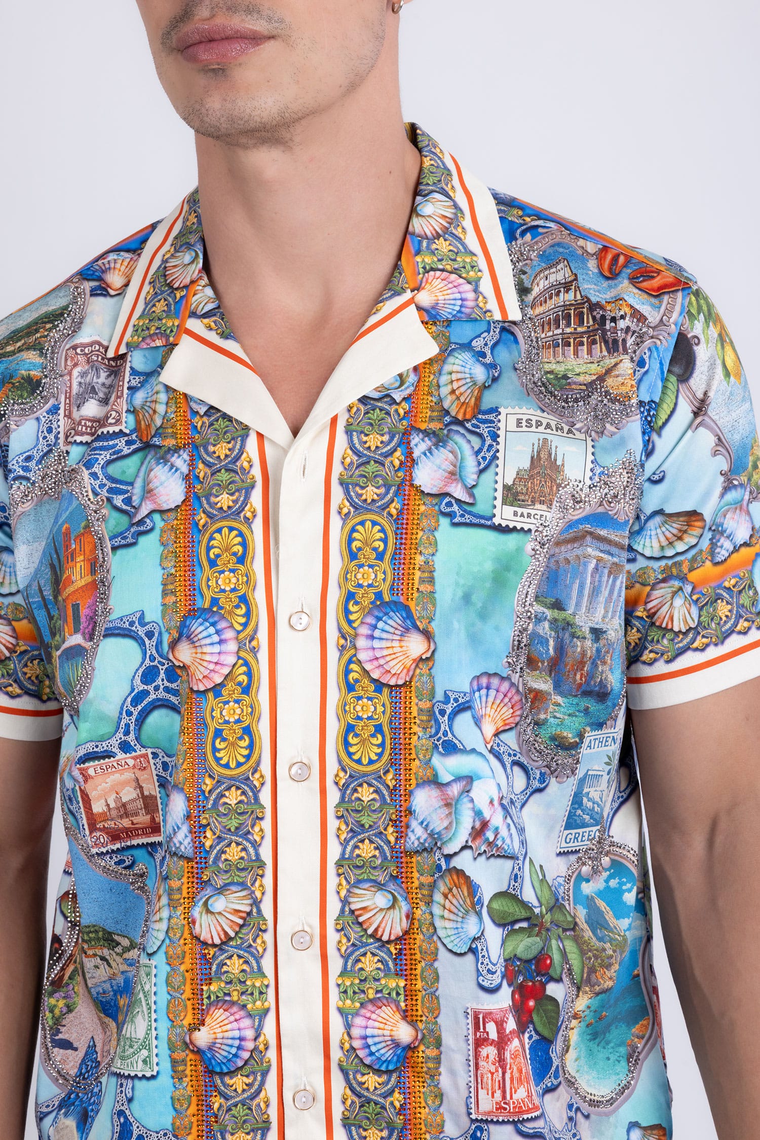 Men's Rhinestone Coral Reef Short-Sleeve Shirt | BARABAS 6SSR08 Blue