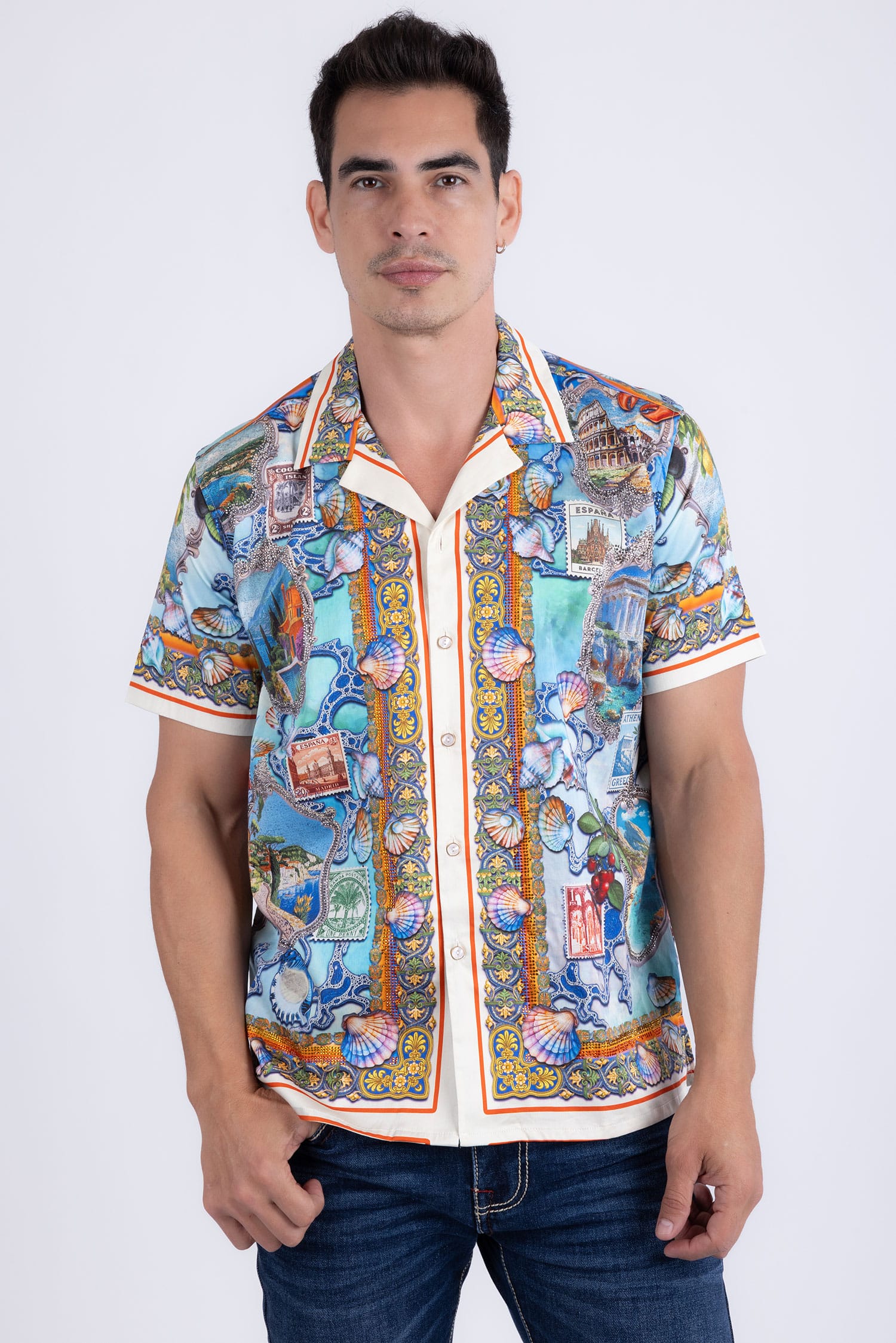 Men's Rhinestone Coral Reef Short-Sleeve Shirt | BARABAS 6SSR08 Sky
