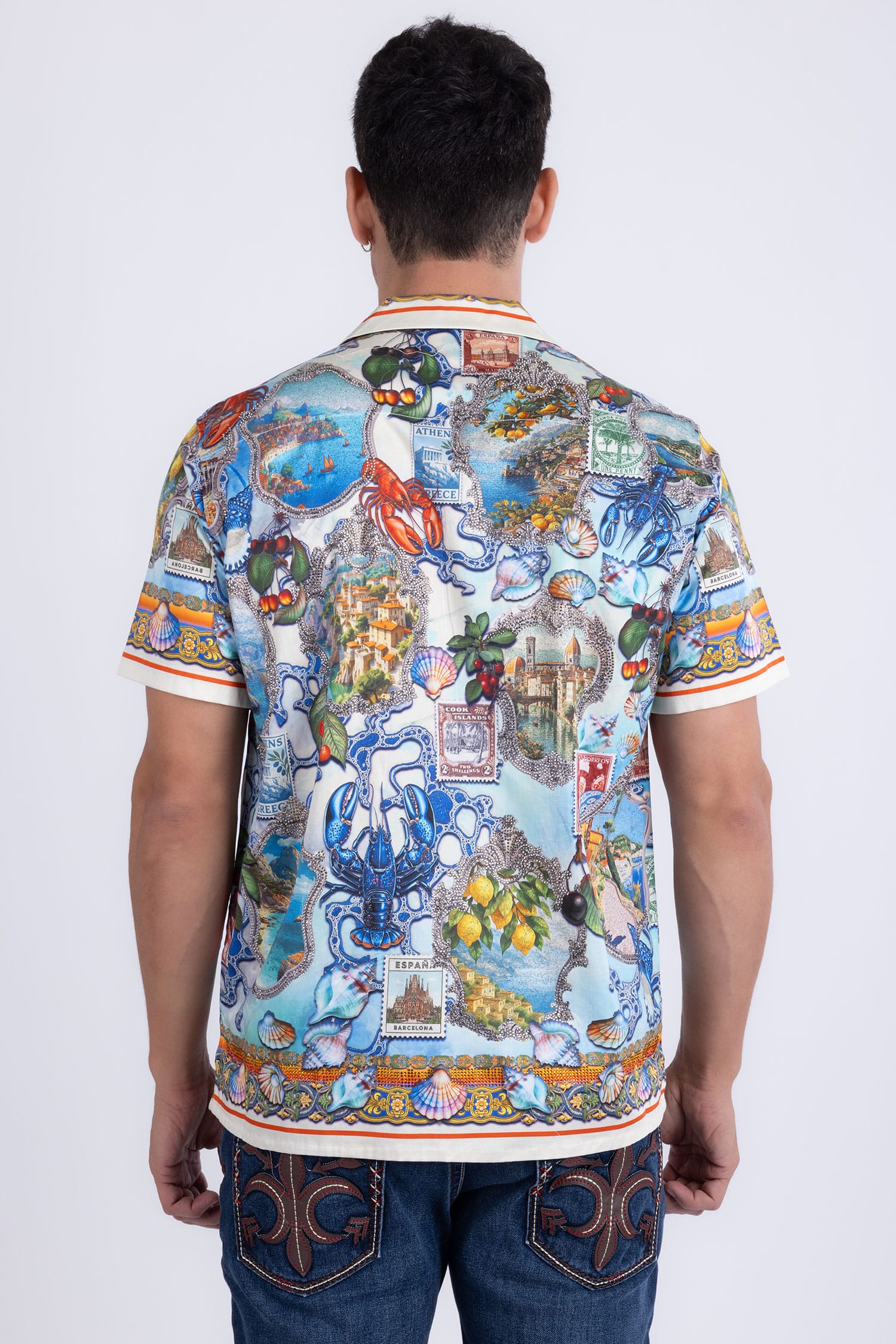 Men's Rhinestone Coral Reef Short-Sleeve Shirt | BARABAS 6SSR08 White
