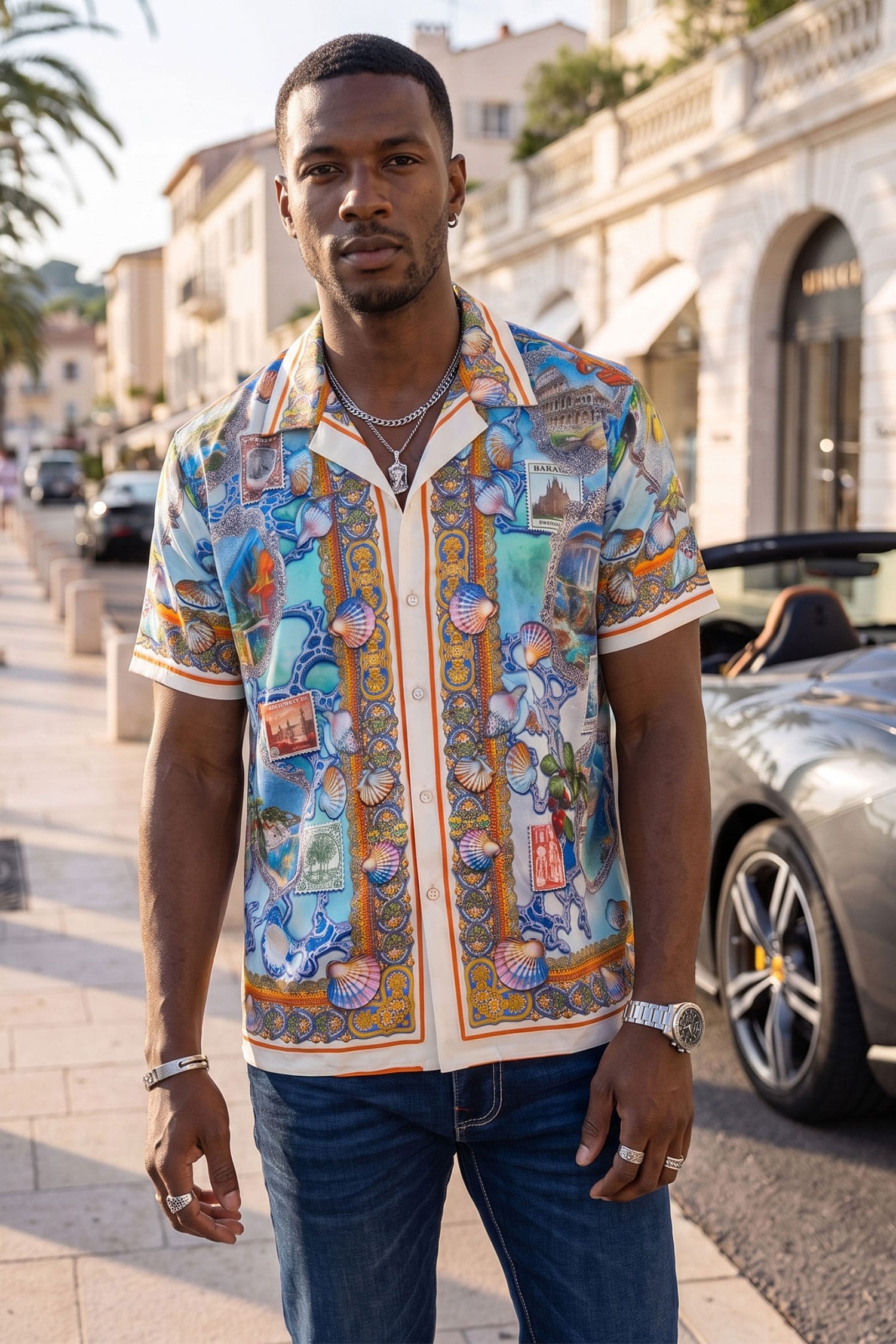 Men's Rhinestone Coral Reef Short-Sleeve Shirt | BARABAS 6SSR08 Sky