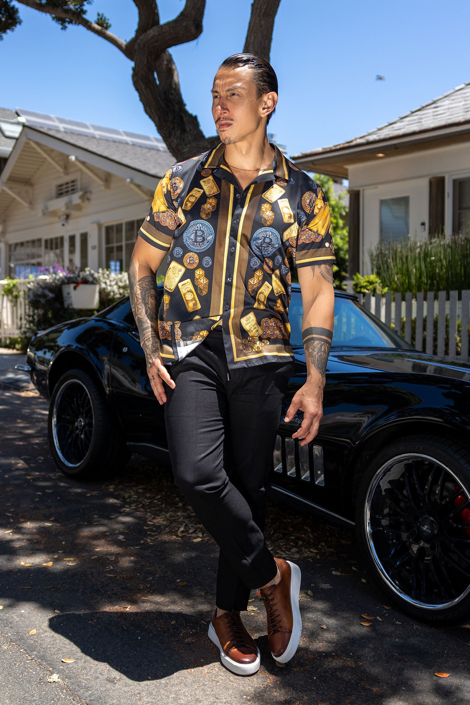 Men's Rhinestone Billionaire Short-Sleeve Shirt | BARABAS 6SSR09 Black