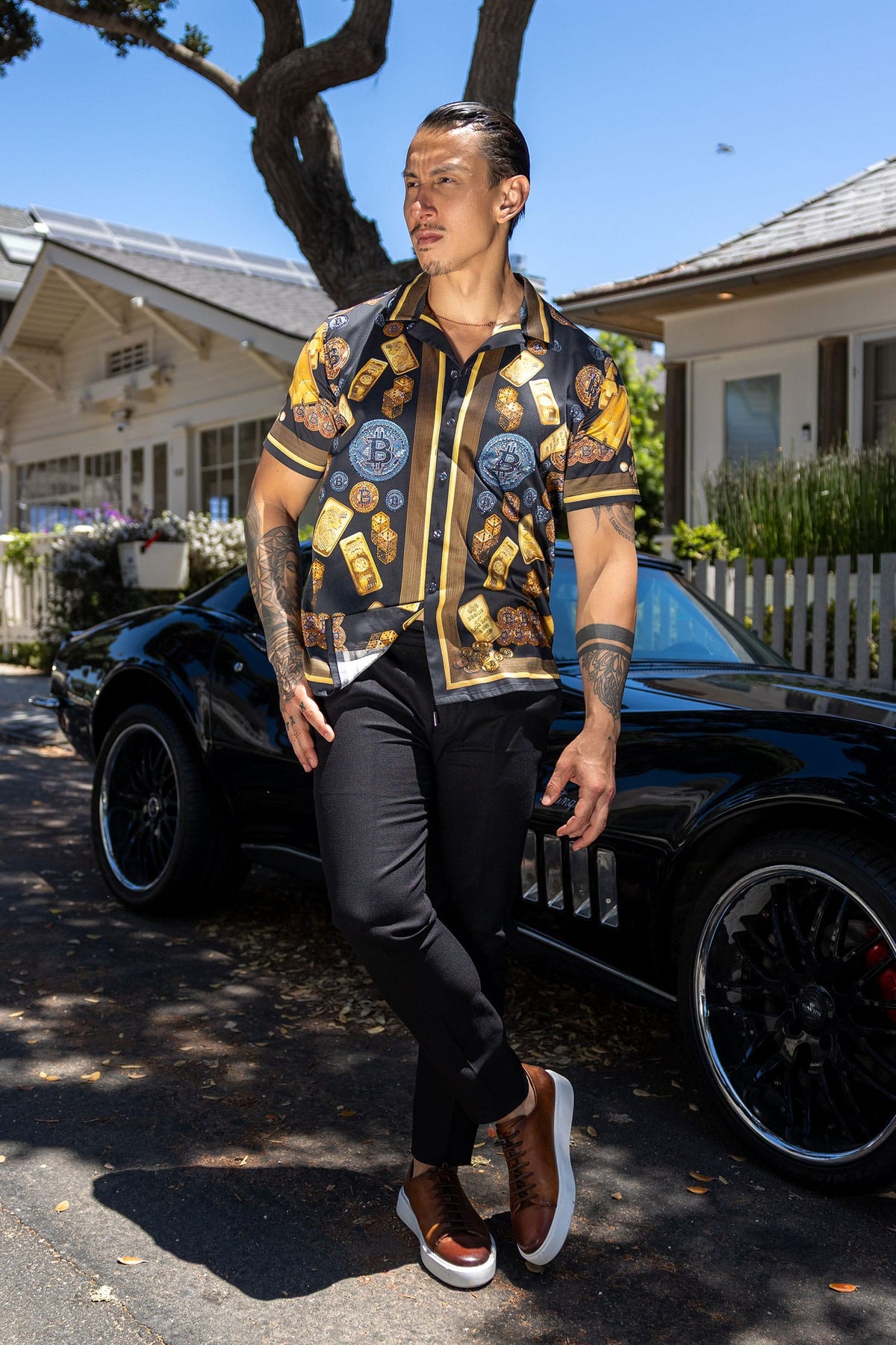 Men's Rhinestone Billionaire Short-Sleeve Shirt | BARABAS 6SSR09 #Color_Black