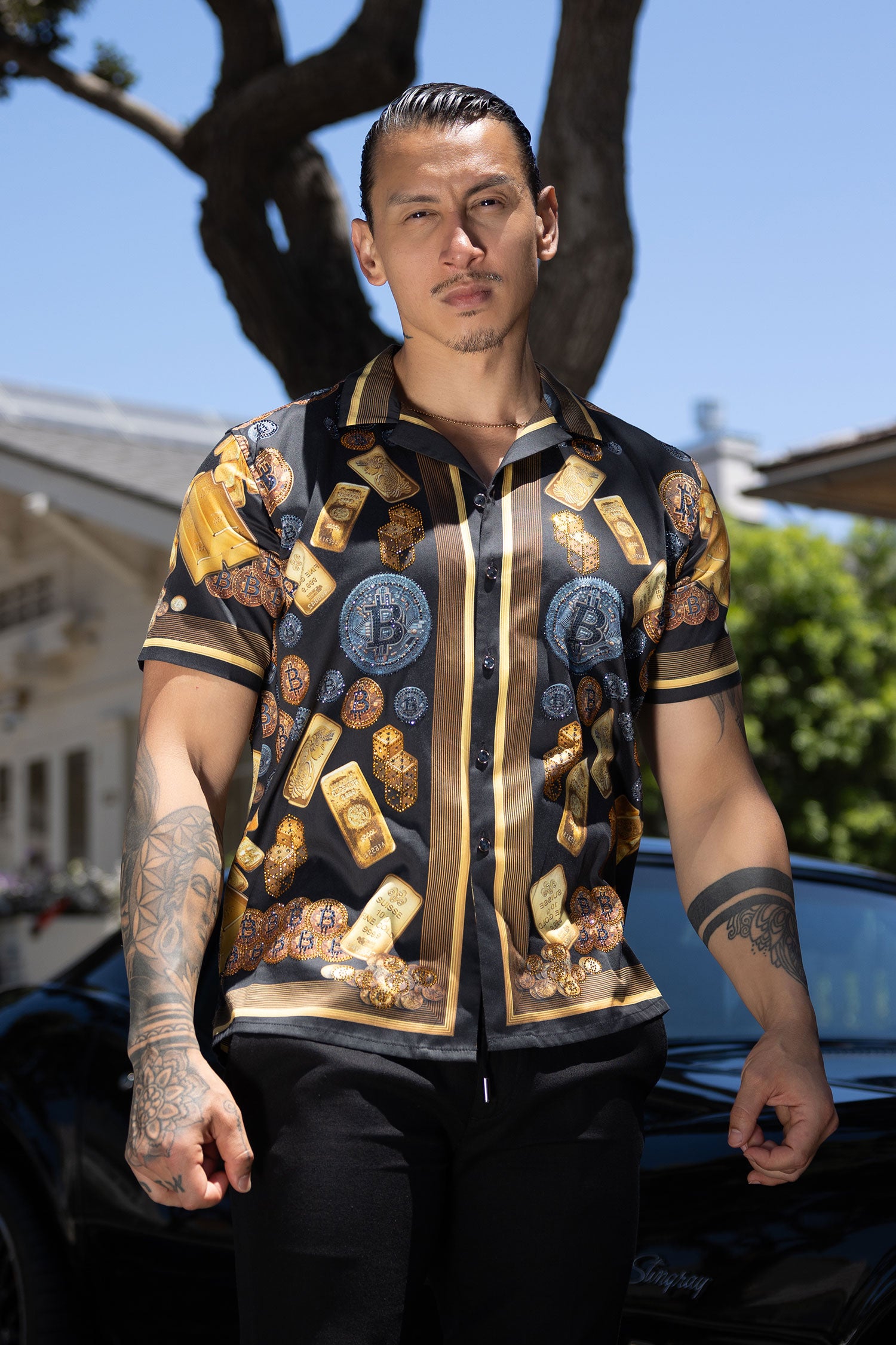 Men's Rhinestone Billionaire Short-Sleeve Shirt | BARABAS 6SSR09 Charcoal