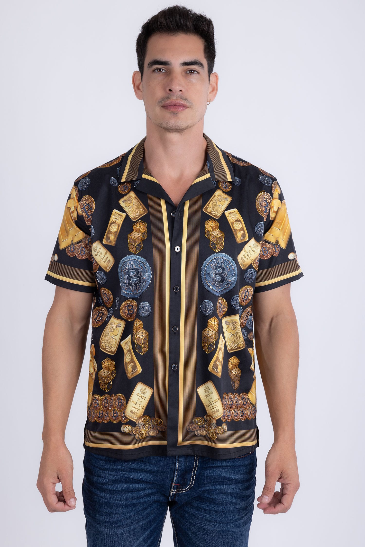 Men's Rhinestone Billionaire Short-Sleeve Shirt | BARABAS 6SSR09 Charcoal