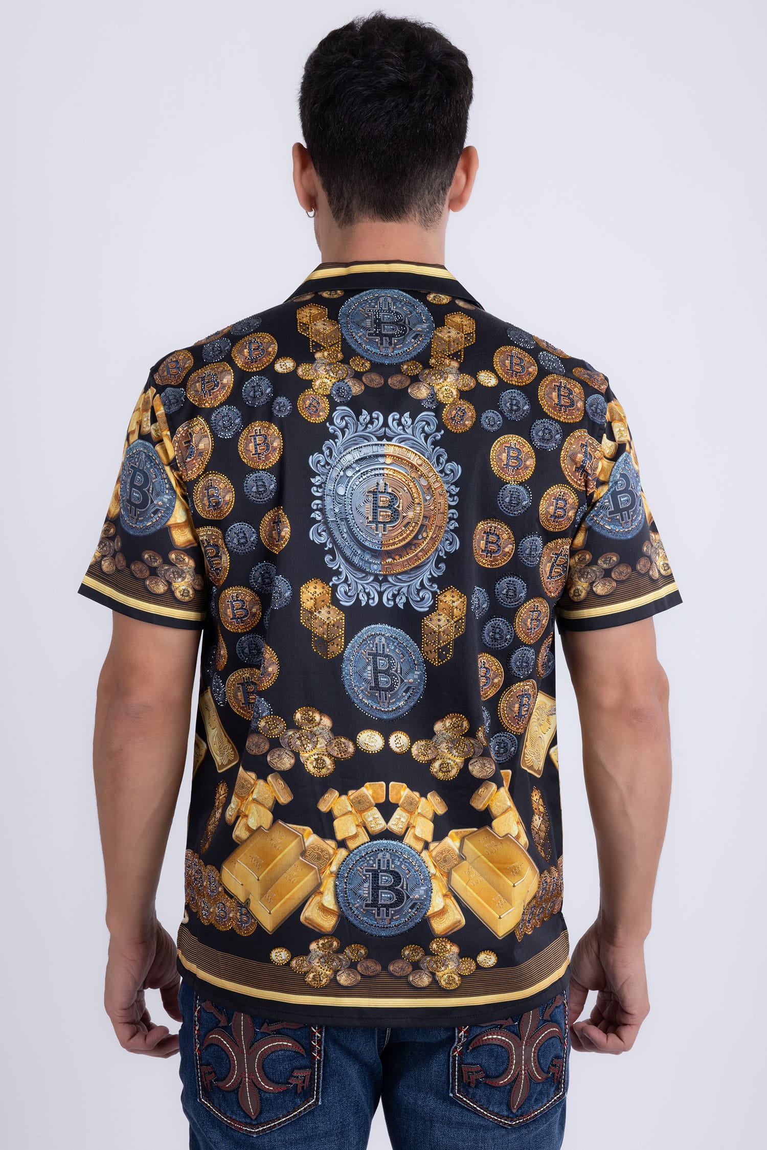 Men's Rhinestone Billionaire Short-Sleeve Shirt | BARABAS 6SSR09 Black