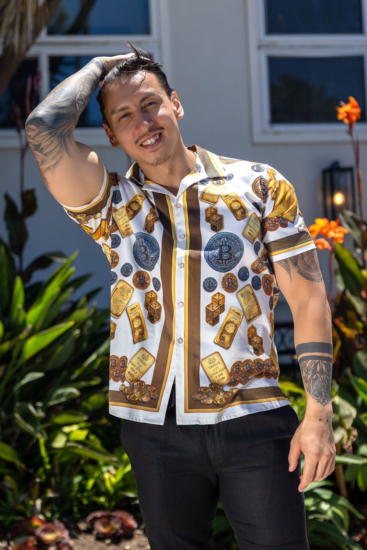 Men's Rhinestone Billionaire Short-Sleeve Shirt | BARABAS 6SSR09 #Color_White