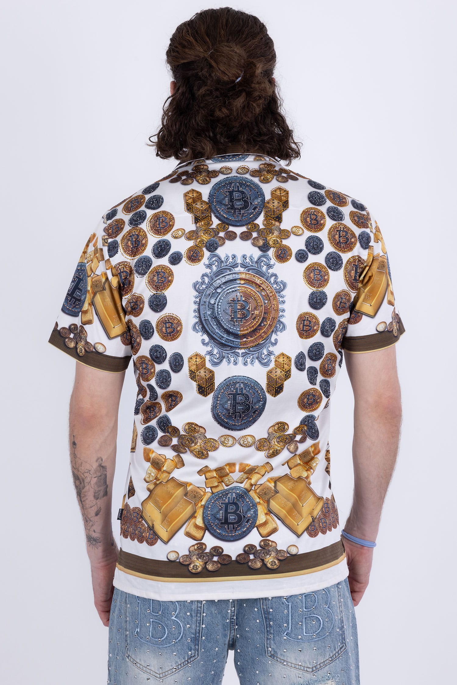 Men's Rhinestone Billionaire Short-Sleeve Shirt | BARABAS 6SSR09 White
