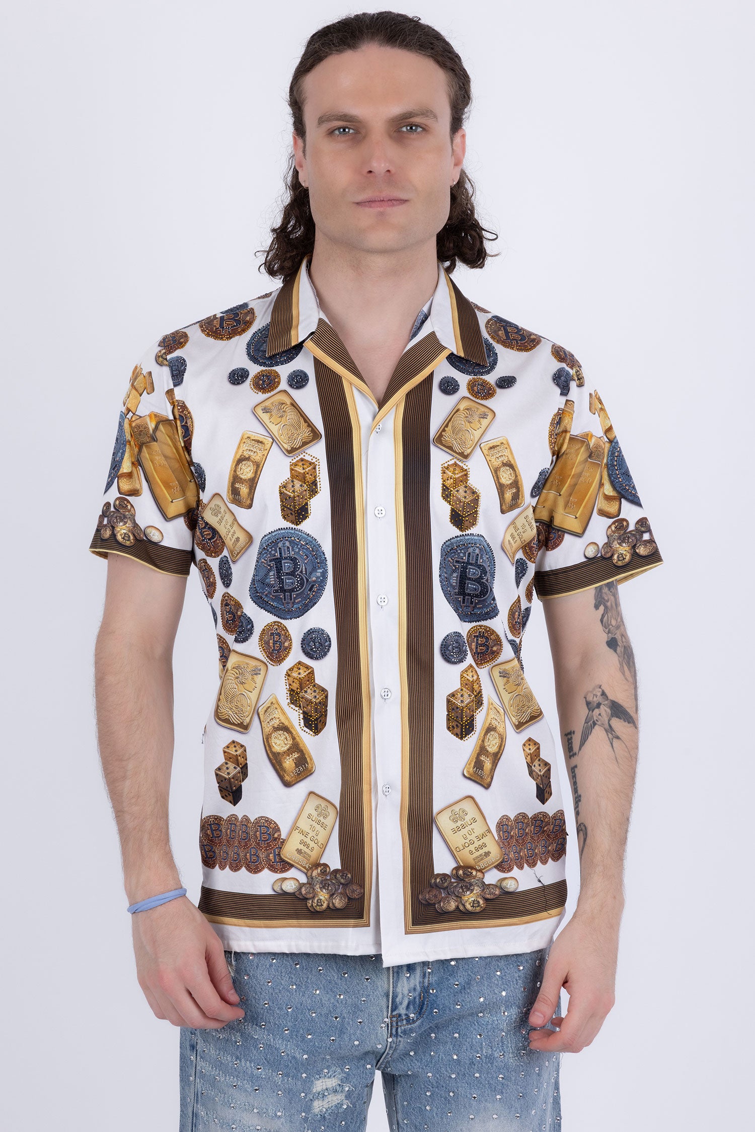 Men's Rhinestone Billionaire Short-Sleeve Shirt | BARABAS 6SSR09 White