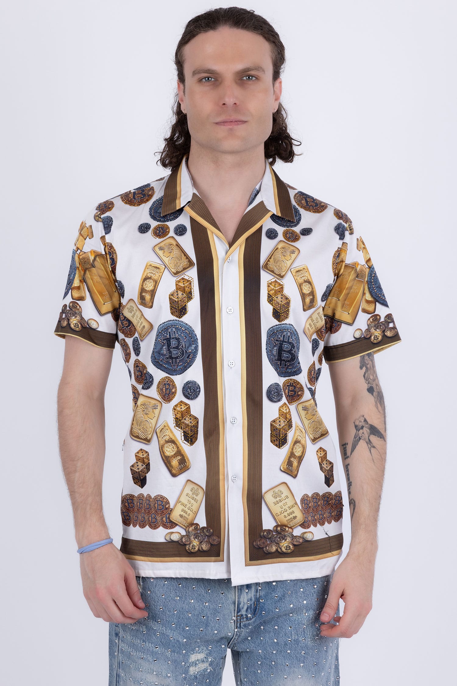 Men's Rhinestone Billionaire Short-Sleeve Shirt | BARABAS 6SSR09 White