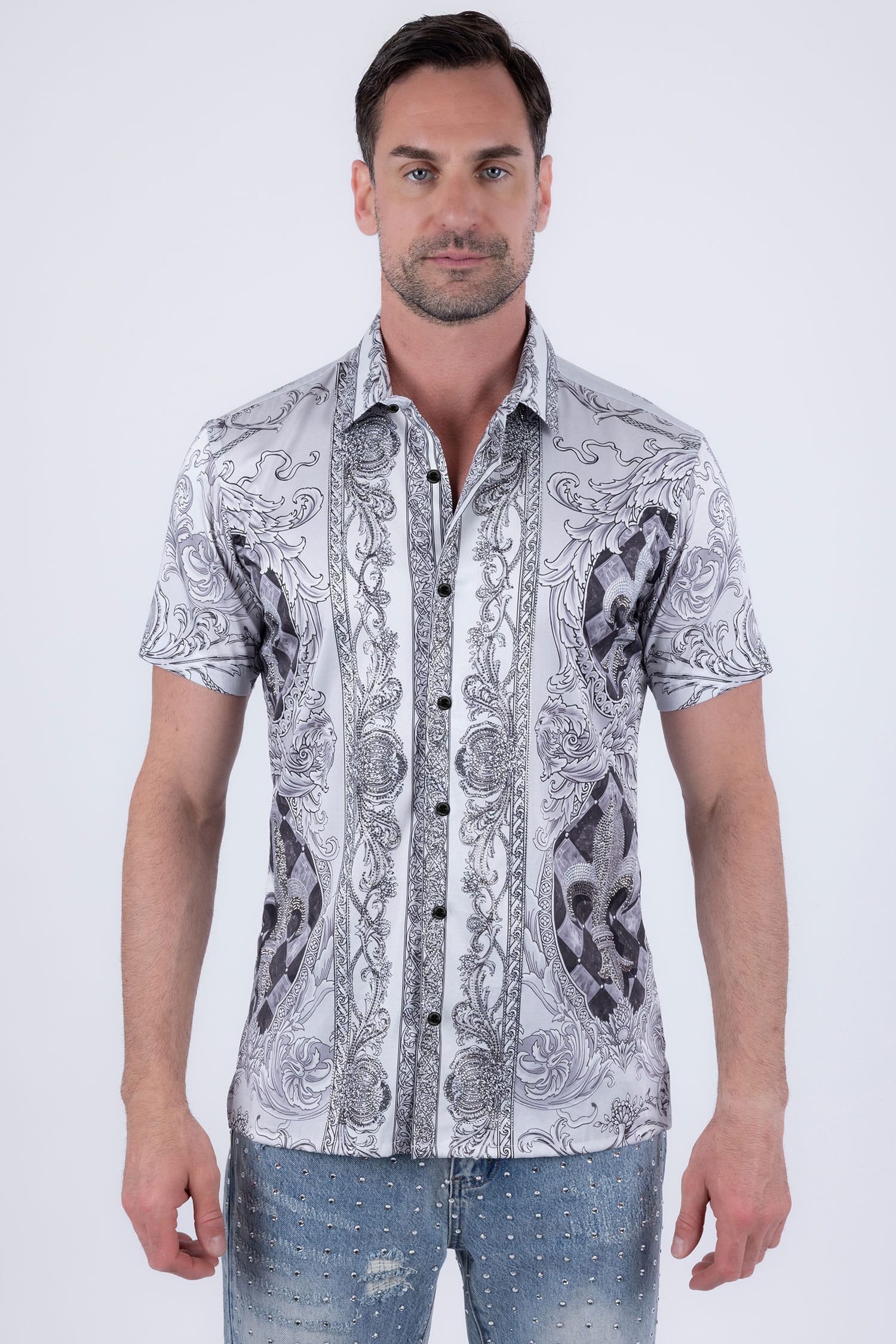 Men's Fleur-de-lis Rhinestone Floral Casual Short-Sleeve Shirt 6SSR10 White
