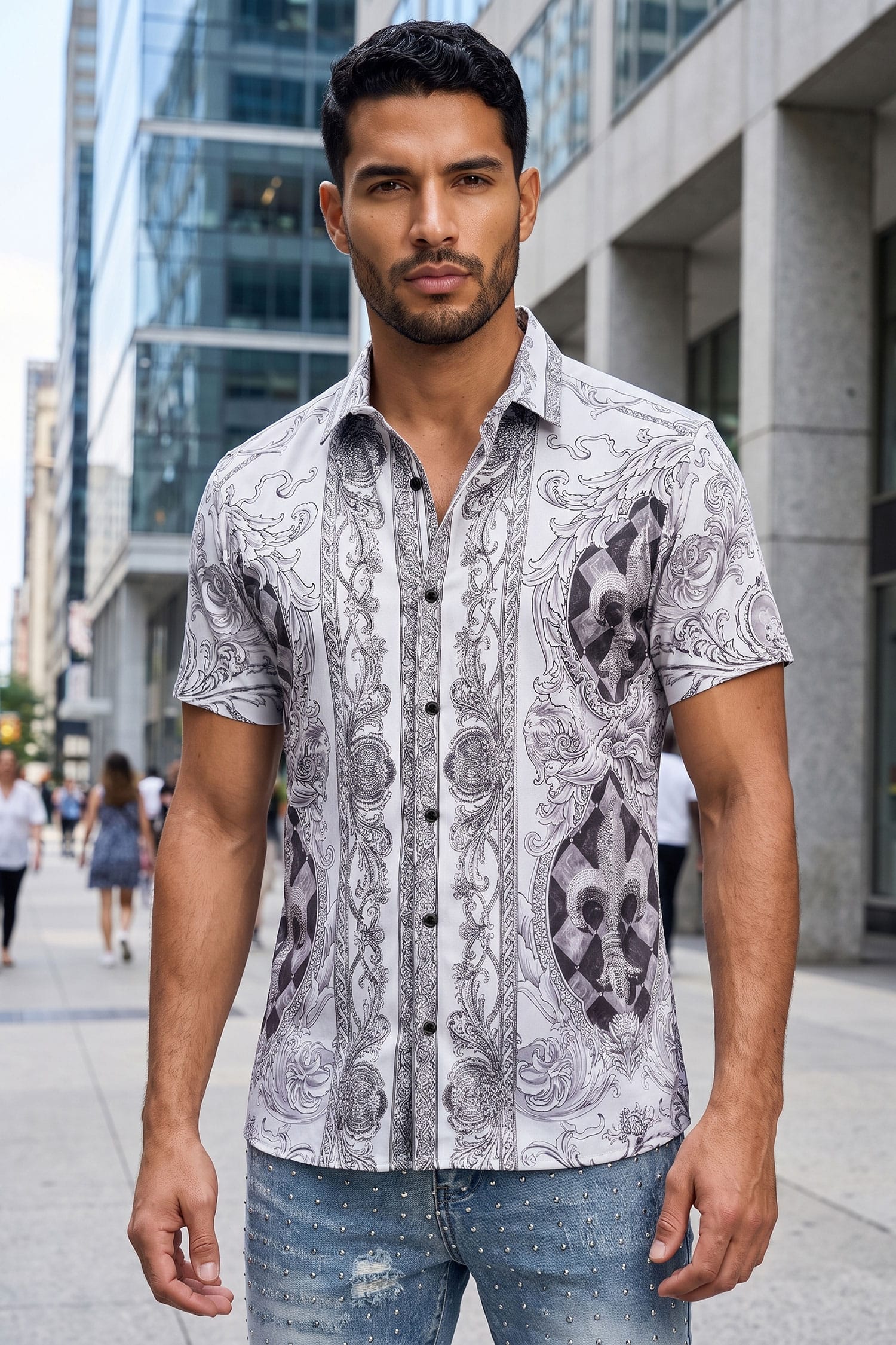 Men's Fleur-de-lis Rhinestone Floral Casual Short-Sleeve Shirt 6SSR10 White