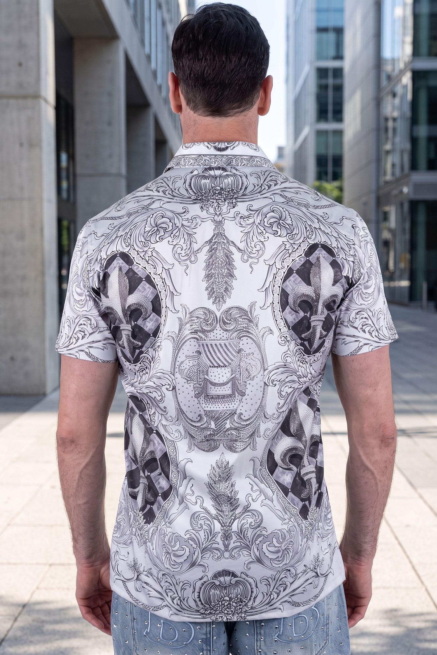 Men's Fleur-de-lis Rhinestone Floral Casual Short-Sleeve Shirt 6SSR10 White