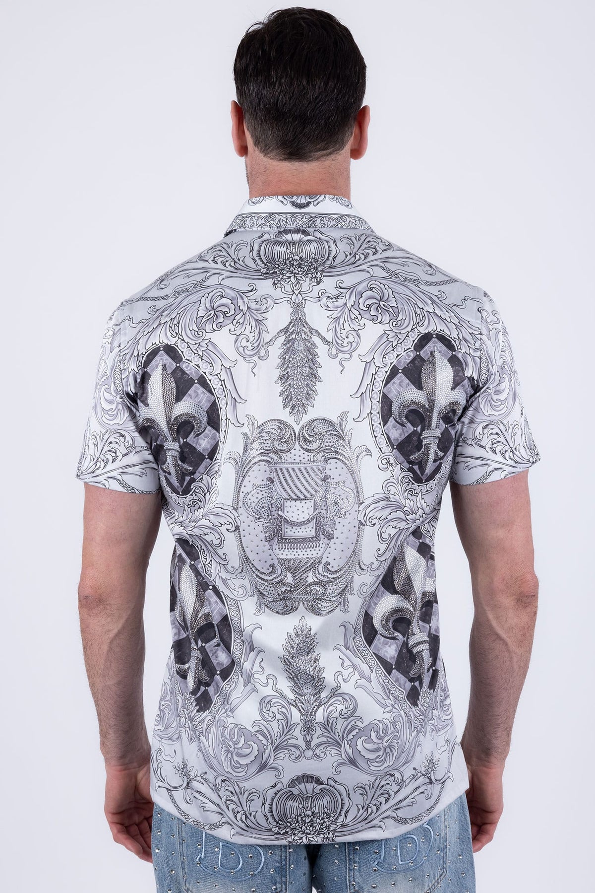 Men's Fleur-de-lis Rhinestone Floral Casual Short-Sleeve Shirt 6SSR10 White