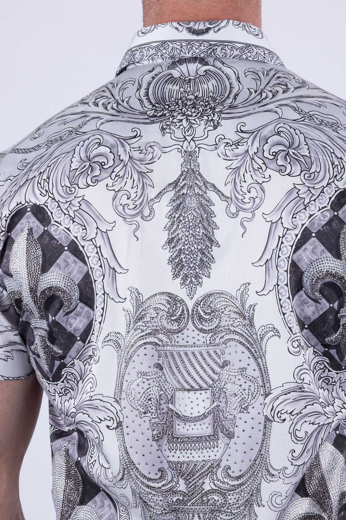 Men's Fleur-de-lis Rhinestone Floral Casual Short-Sleeve Shirt 6SSR10 Grey