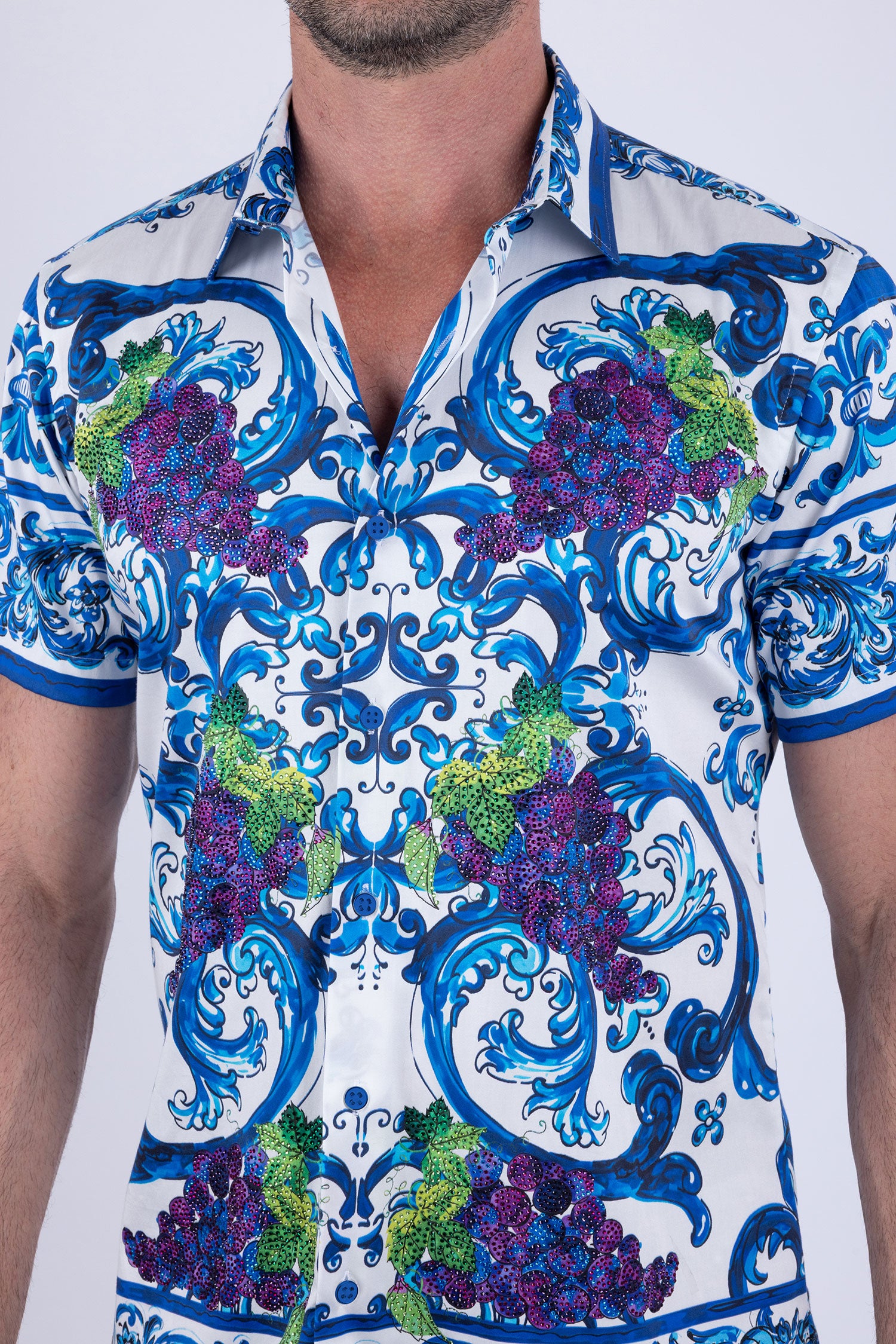 Men's Vineyard Floral Rhinestone Short-Sleeve Shirt | BARABAS 6SSR11 Light Blue