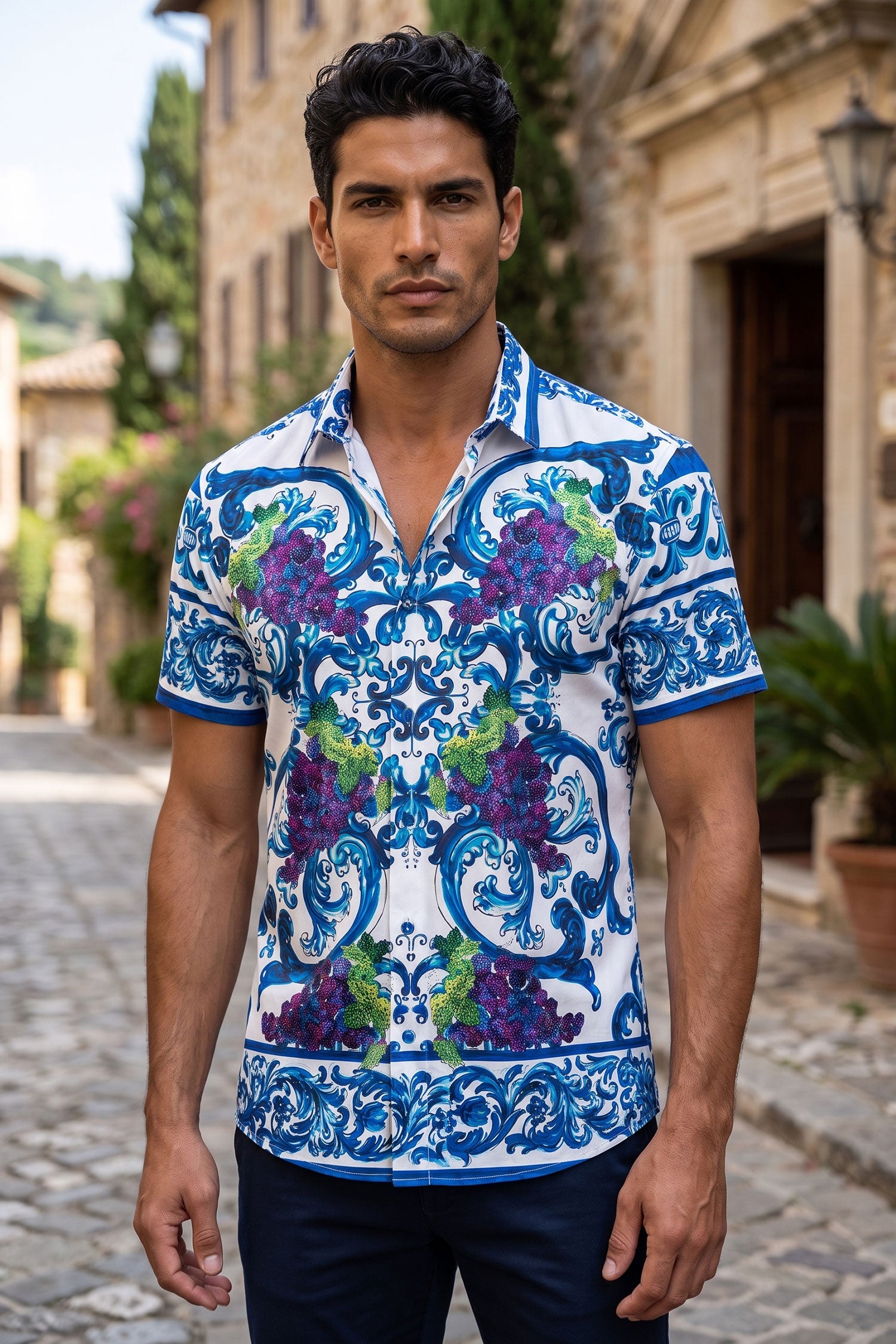 Men's Vineyard Floral Rhinestone Short-Sleeve Shirt | BARABAS 6SSR11 Blue