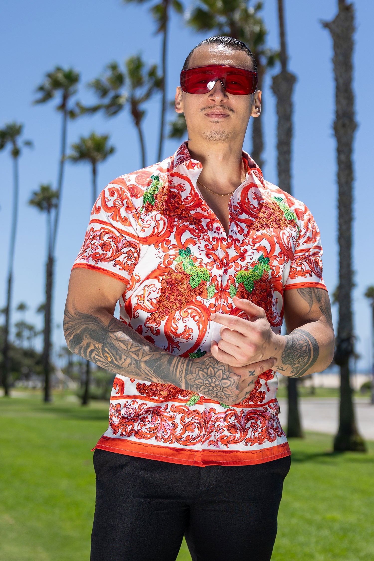 Men's Vineyard Floral Rhinestone Short-Sleeve Shirt | BARABAS 6SSR11 Red