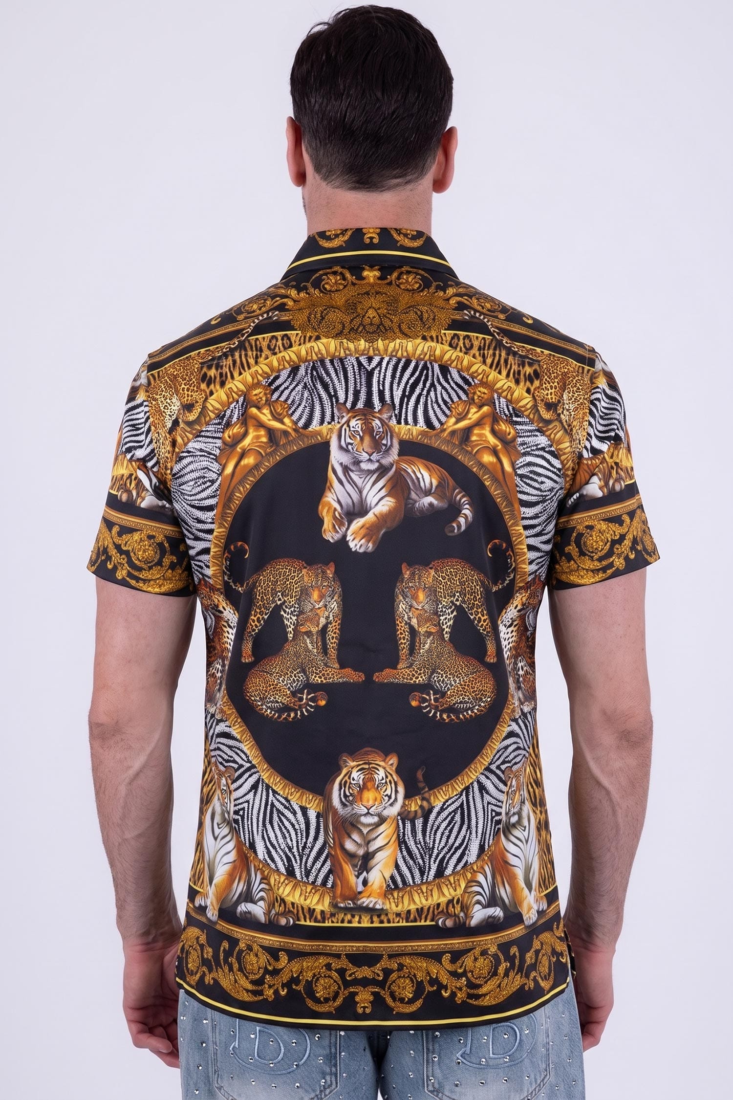 Men's Tiger Floral Rhinestone Short-Sleeve Shirt | BARABAS 6SSR12 Black Gold