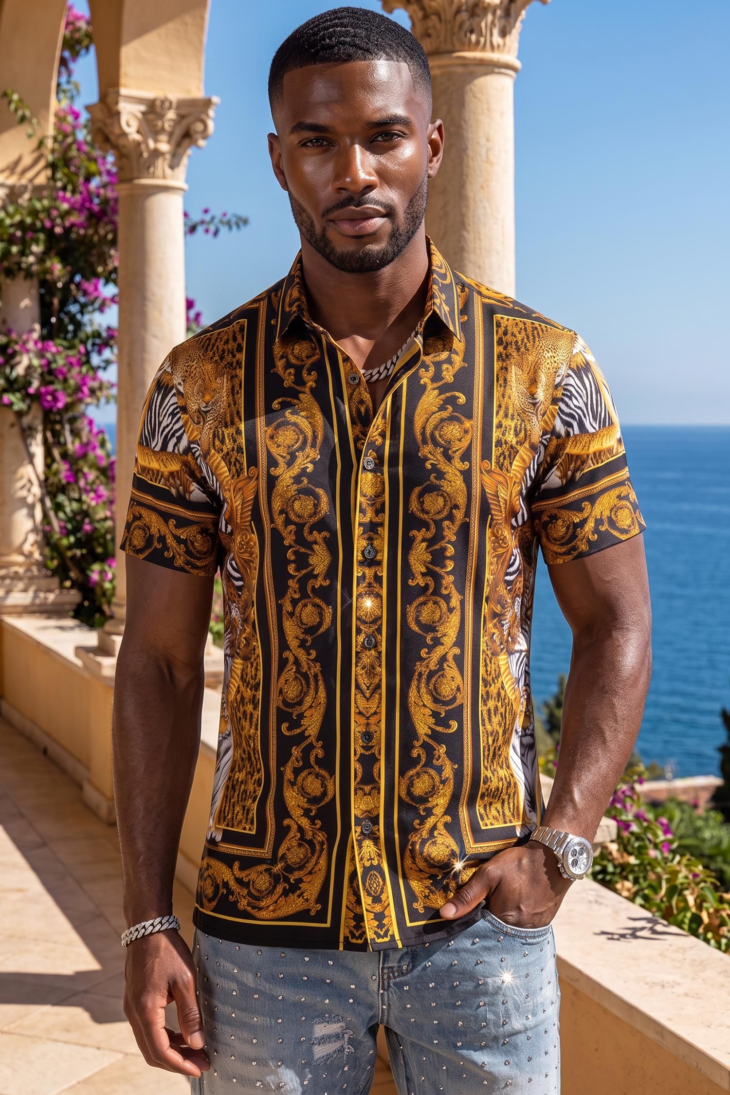 Men's Tiger Floral Rhinestone Short-Sleeve Shirt | BARABAS 6SSR12 Black Gold