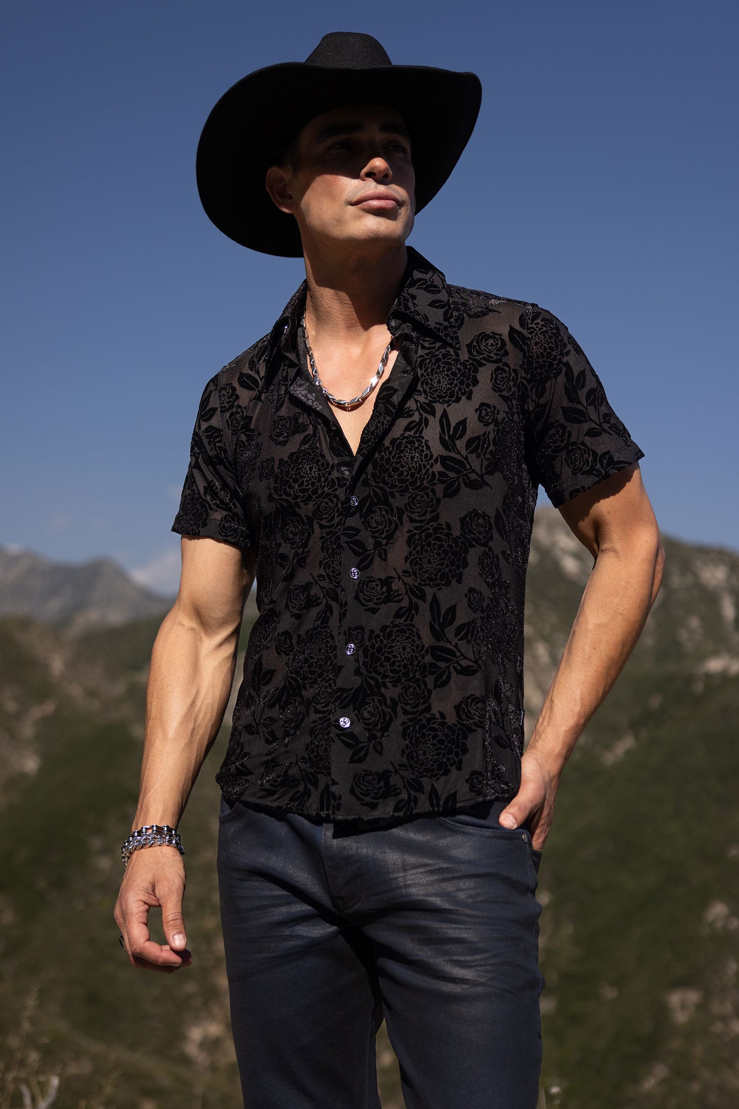 Barabas Men's See-Through Floral Printed Short Sleeve Shirts 6SST03 Black Beauty