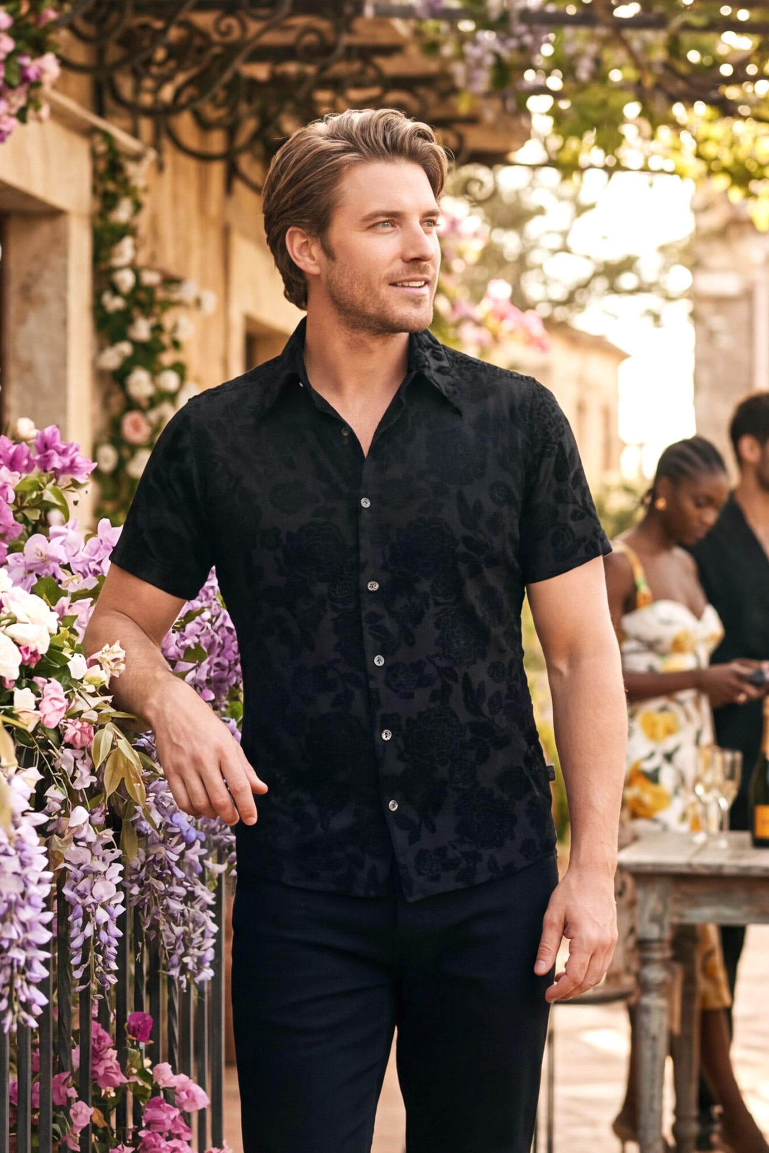 Barabas Men's See-Through Floral Printed Short Sleeve Shirts 6SST03 Black Beauty