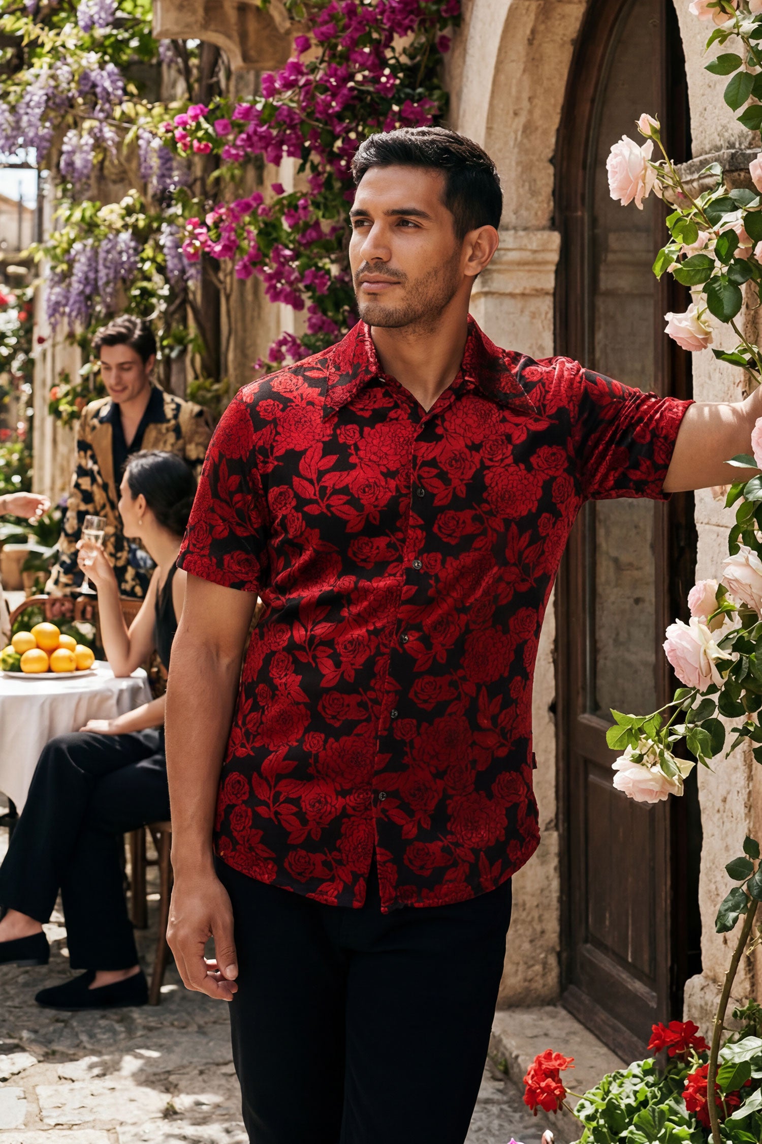 Barabas Men's See-Through Floral Printed Short Sleeve Shirts 6SST03 Black Scarlet