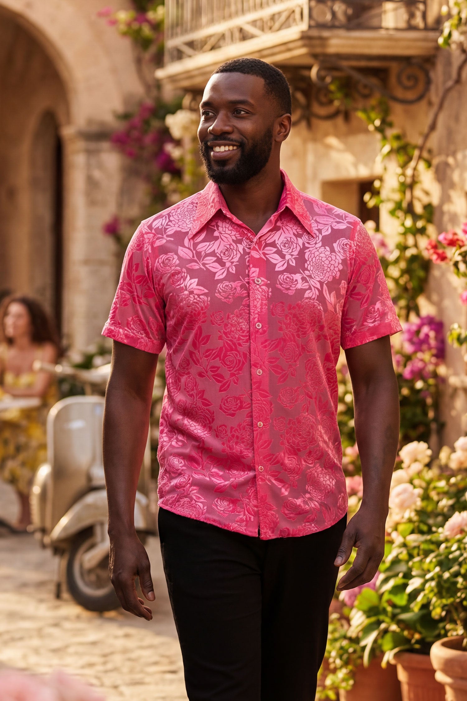 Barabas Men's See-Through Floral Printed Short Sleeve Shirts 6SST03 Hot Pink