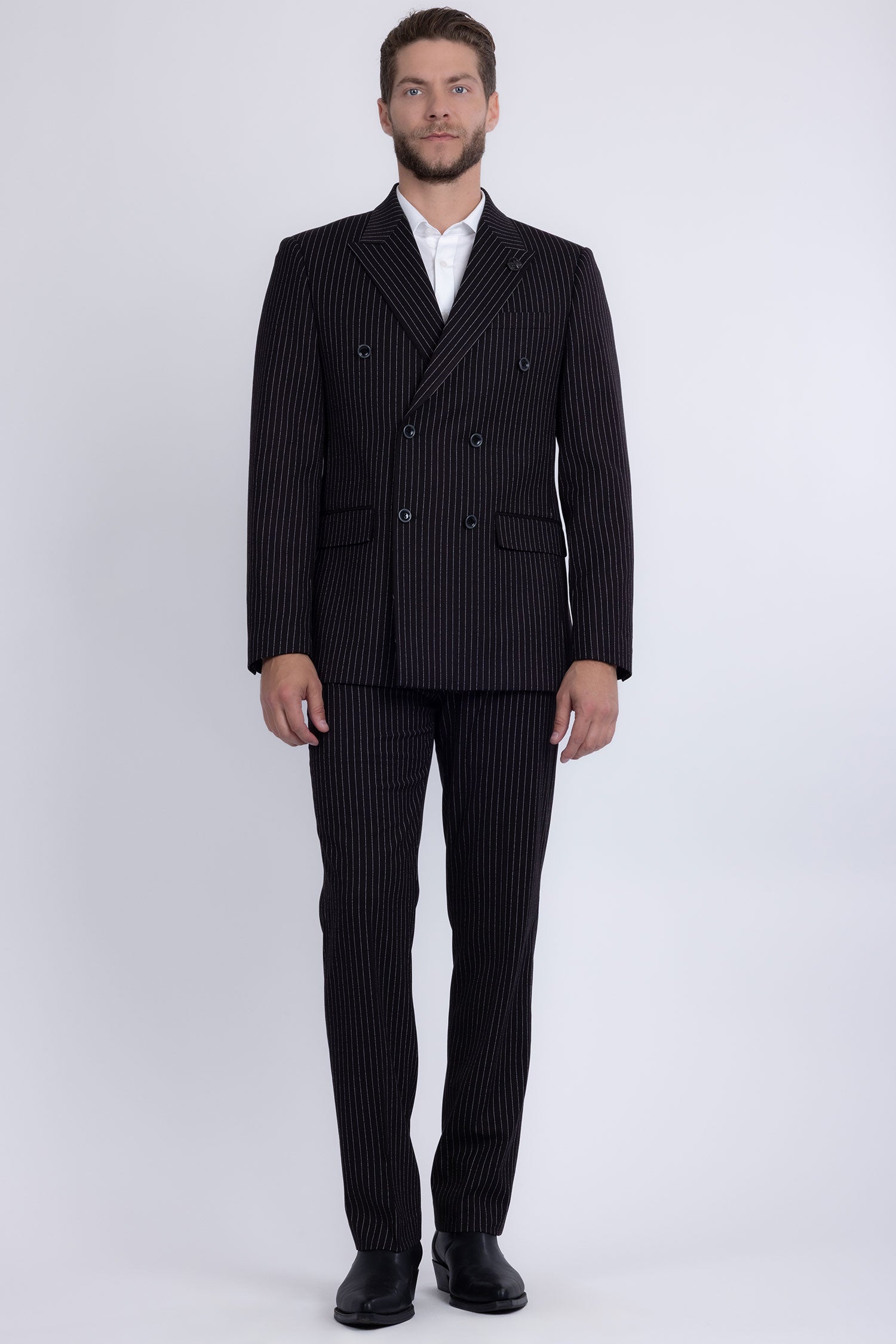 Barabas Men's Pinstripe Double Breasted Shawl Lapel Suit 6SU03 Black White