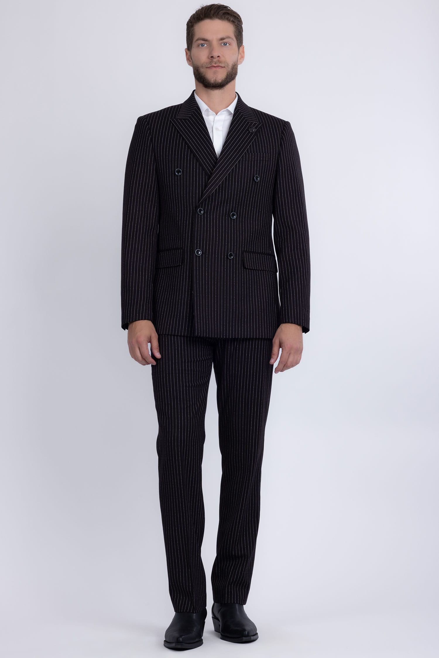 Barabas Men's Pinstripe Double Breasted Shawl Lapel Suit 6SU03 Black White