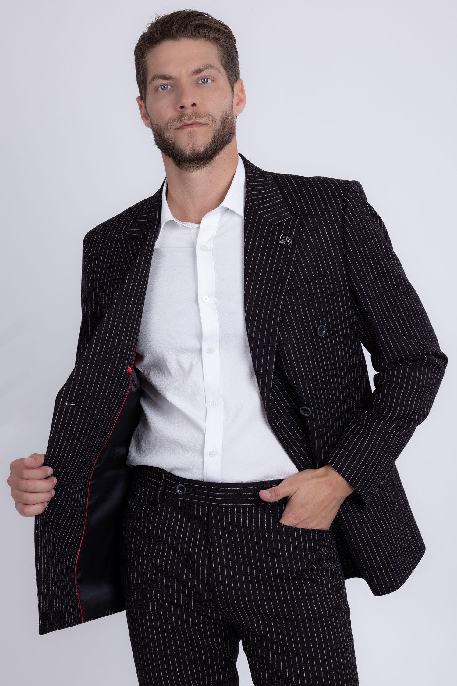 Barabas Men's Pinstripe Double Breasted Shawl Lapel Suit 6SU03 Black White