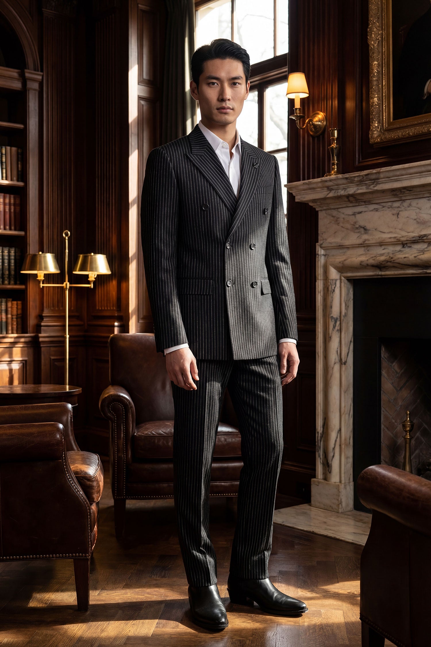 Barabas Men's Pinstripe Double Breasted Shawl Lapel Suit 6SU03 Black White