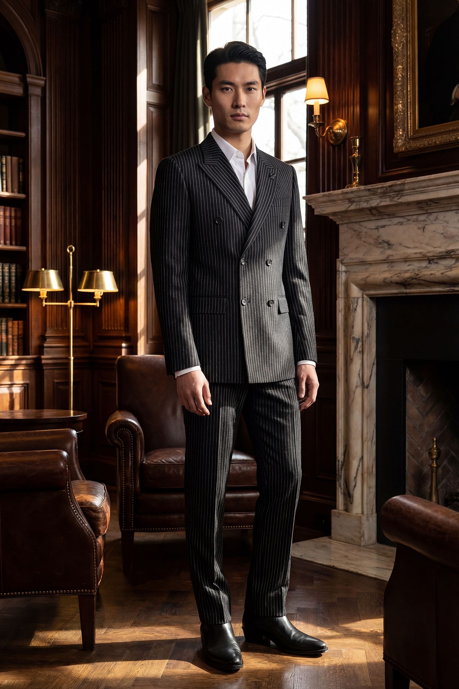 Barabas Men's Pinstripe Double Breasted Shawl Lapel Suit 6SU03 Black White