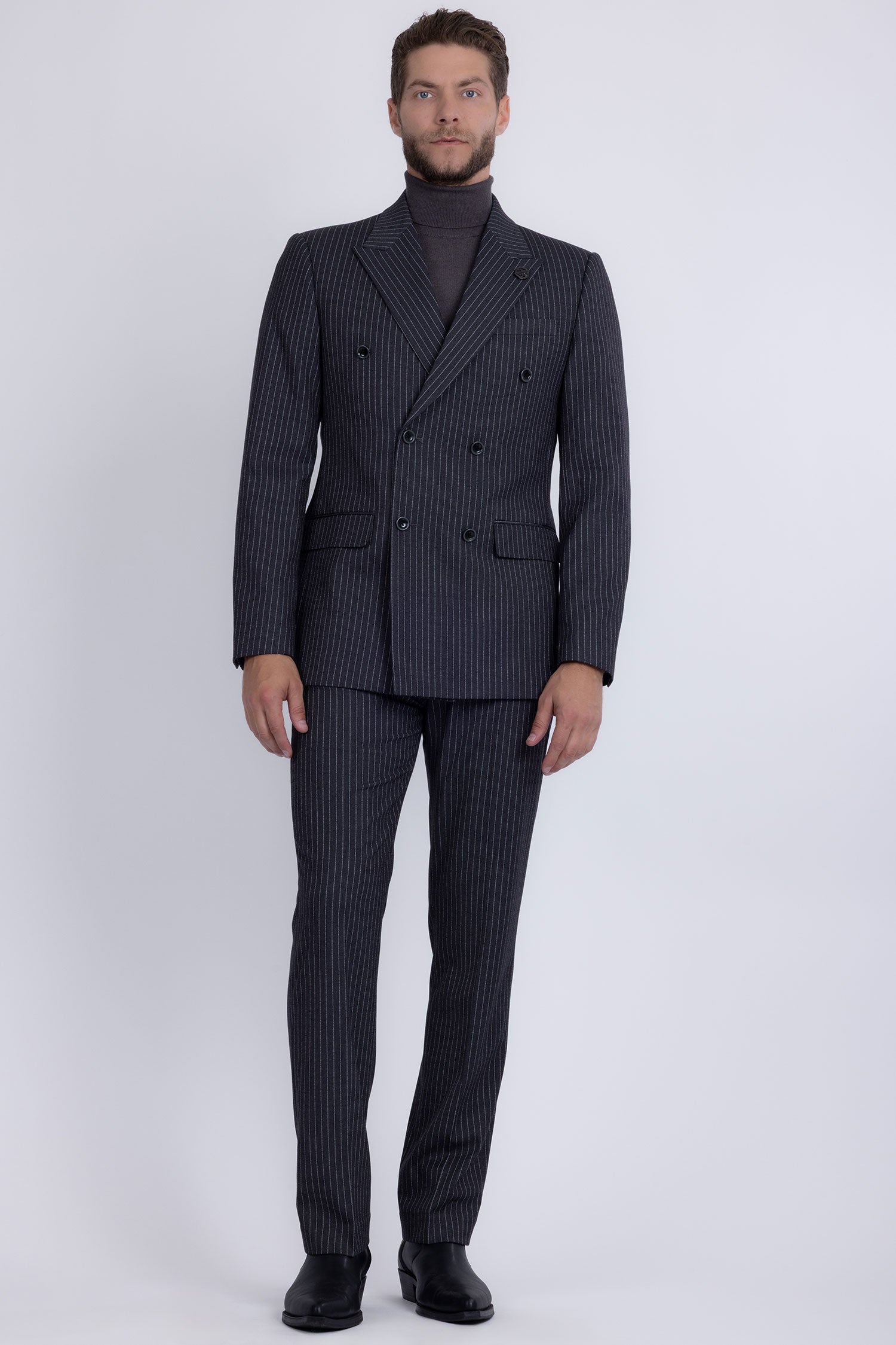 Barabas Men's Pinstripe Double Breasted Shawl Lapel Suit 6SU03 Grey White