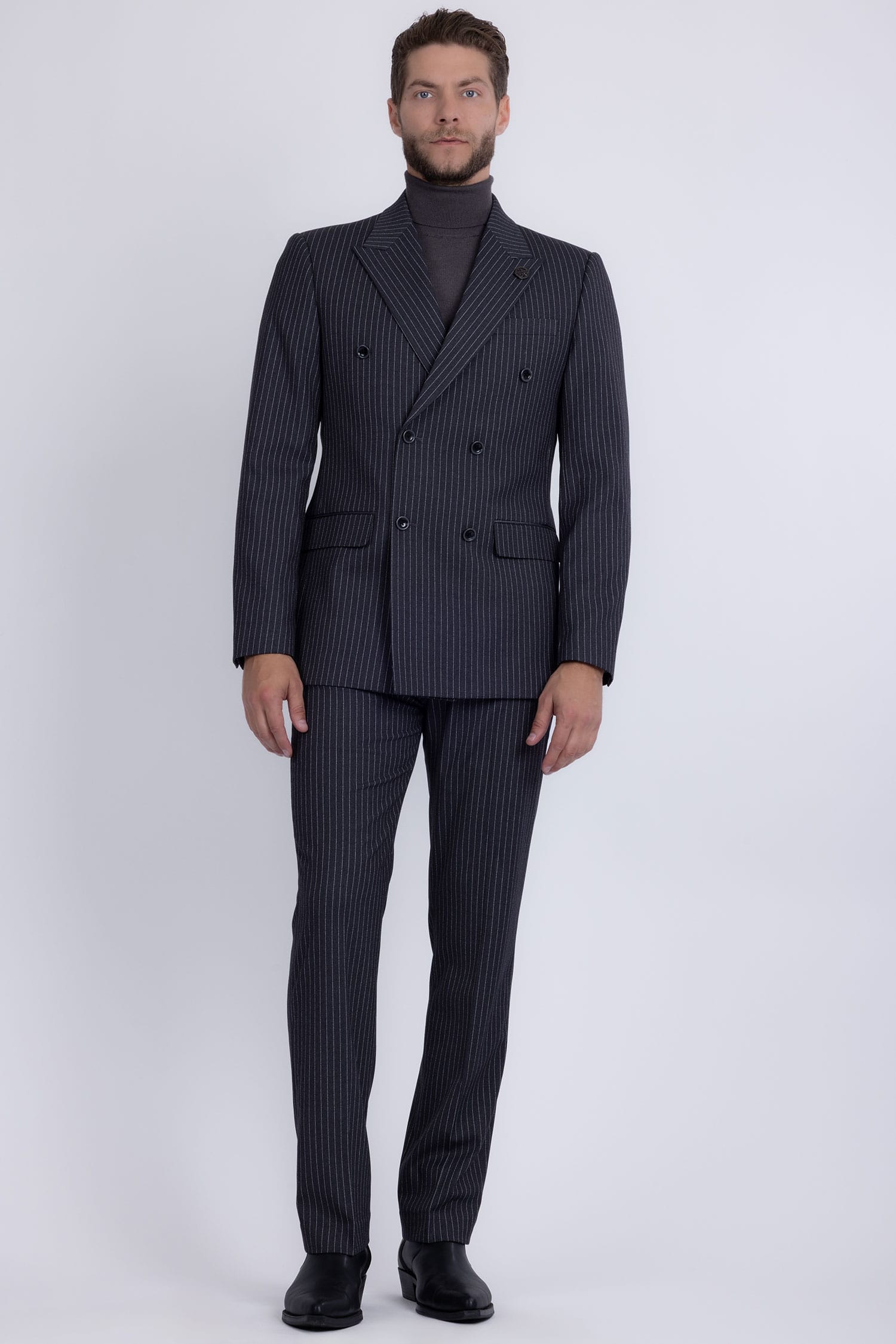 Barabas Men's Pinstripe Double Breasted Shawl Lapel Suit 6SU03 Grey White