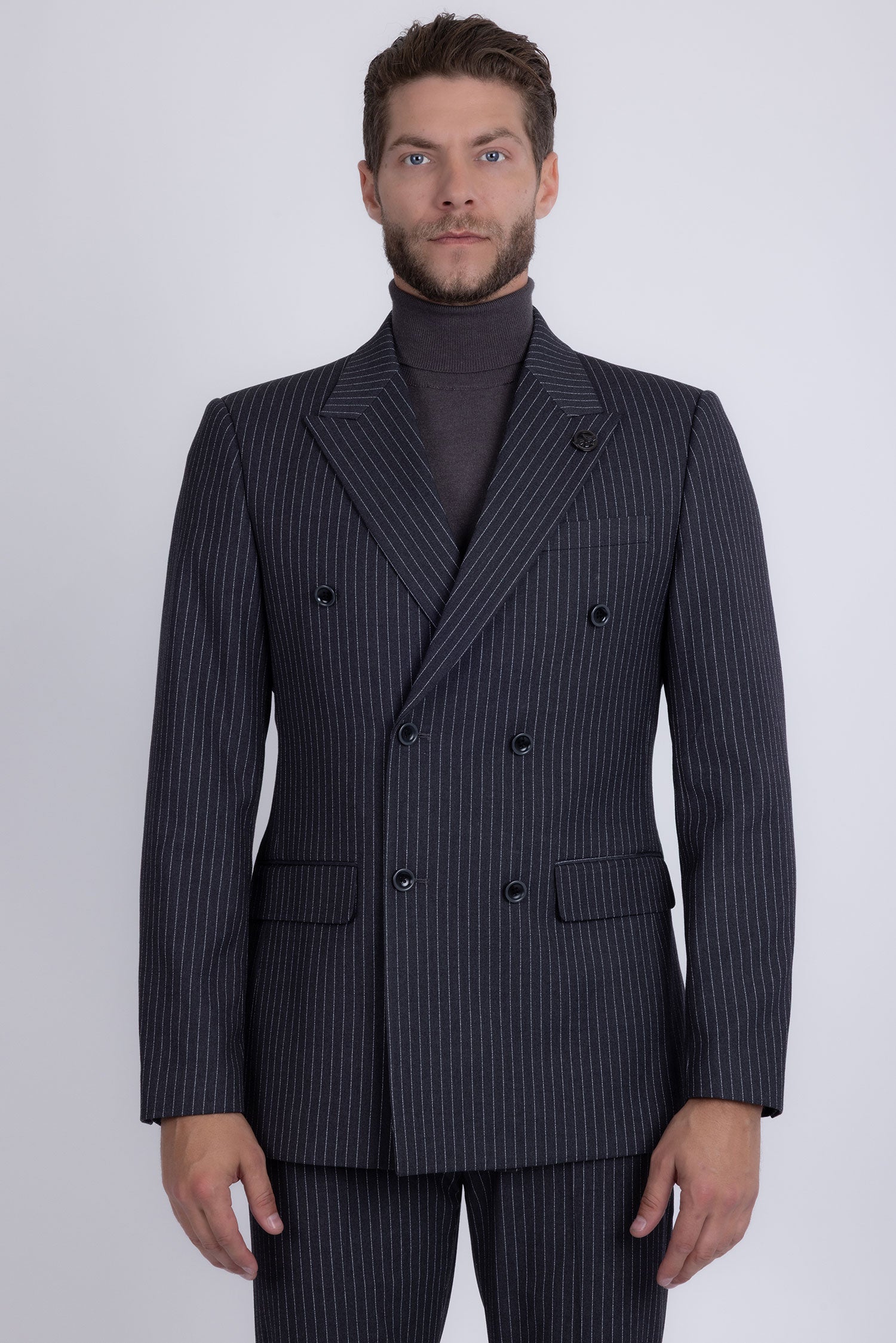 Barabas Men's Pinstripe Double Breasted Shawl Lapel Suit 6SU03 Grey White