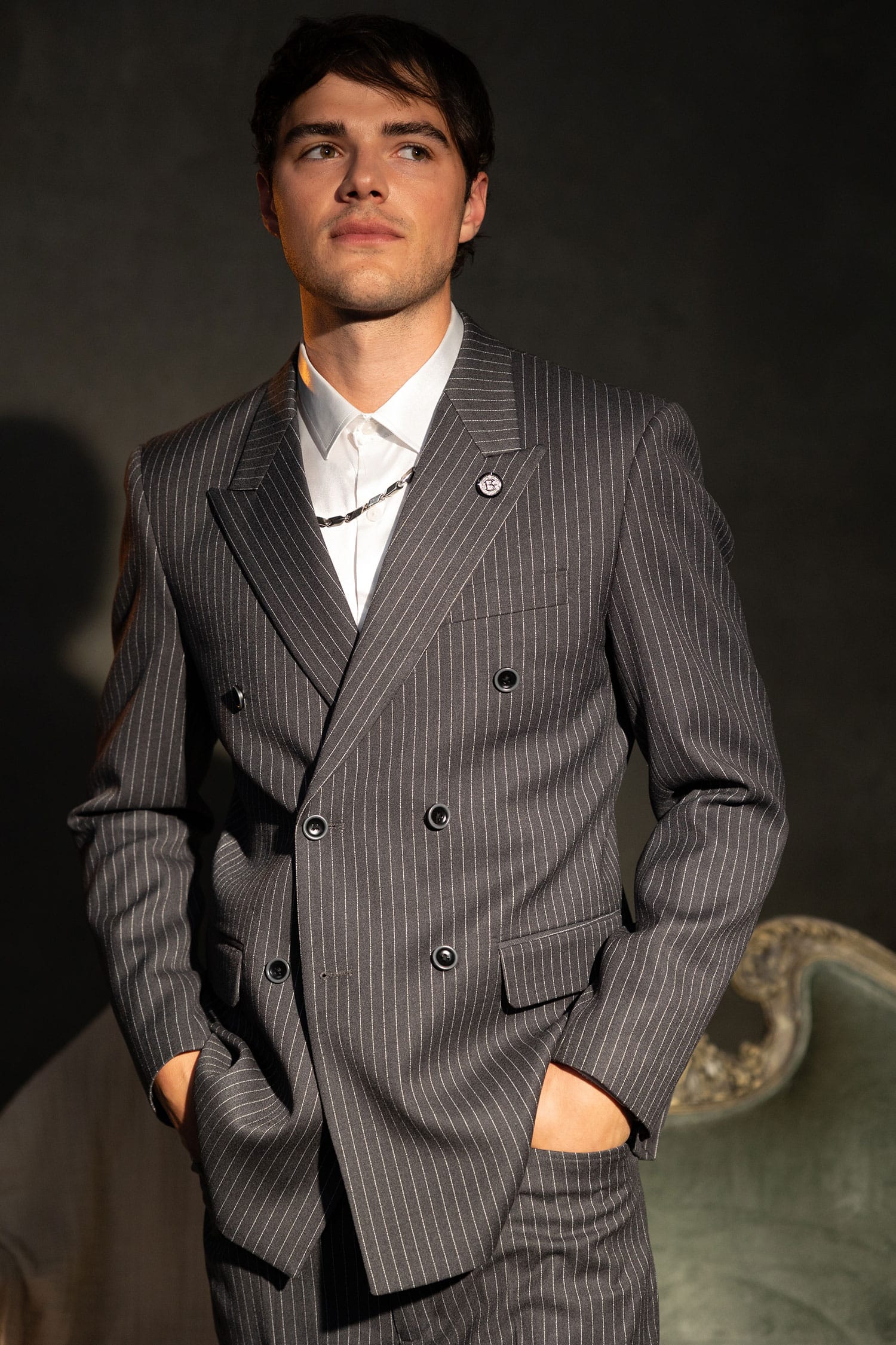 Barabas Men's Pinstripe Double Breasted Shawl Lapel Suit 6SU03 Grey White