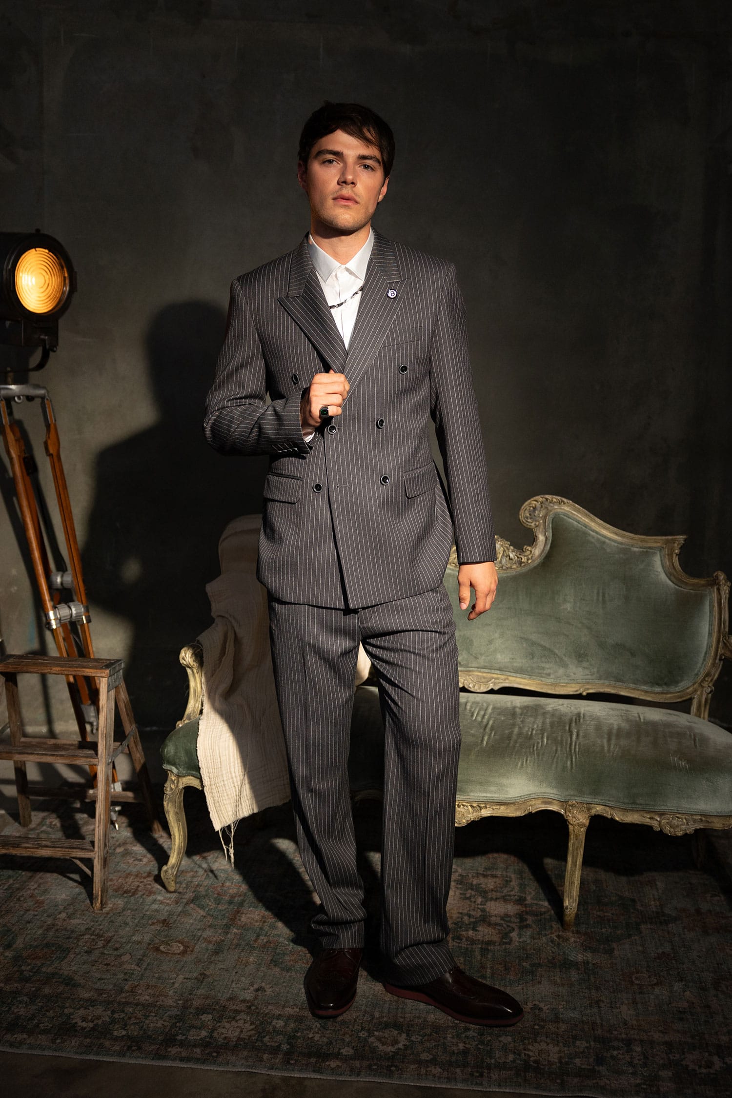 Barabas Men's Pinstripe Double Breasted Shawl Lapel Suit 6SU03 Grey White