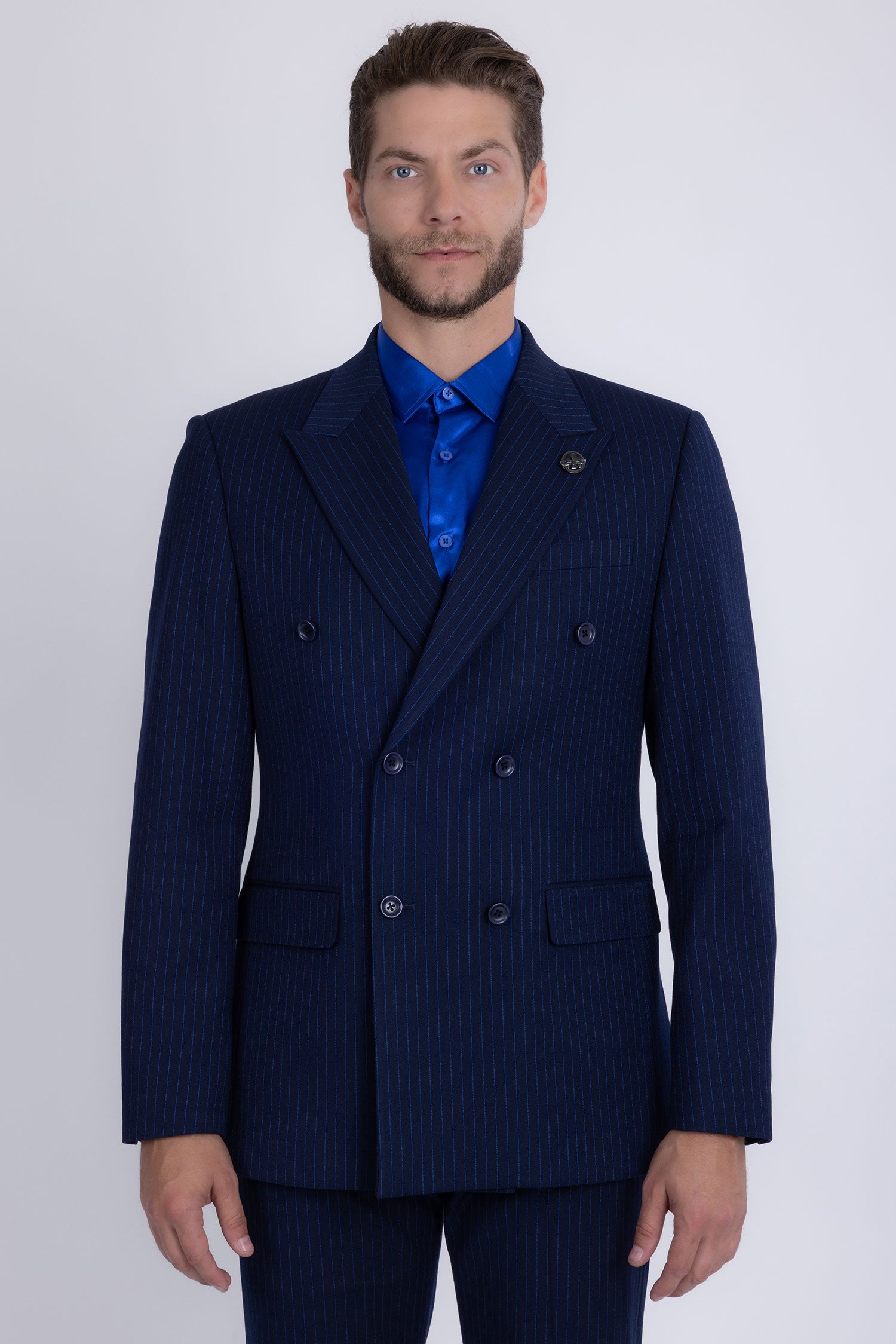 Barabas Men's Pinstripe Double Breasted Shawl Lapel Suit 6SU03 Navy Blue
