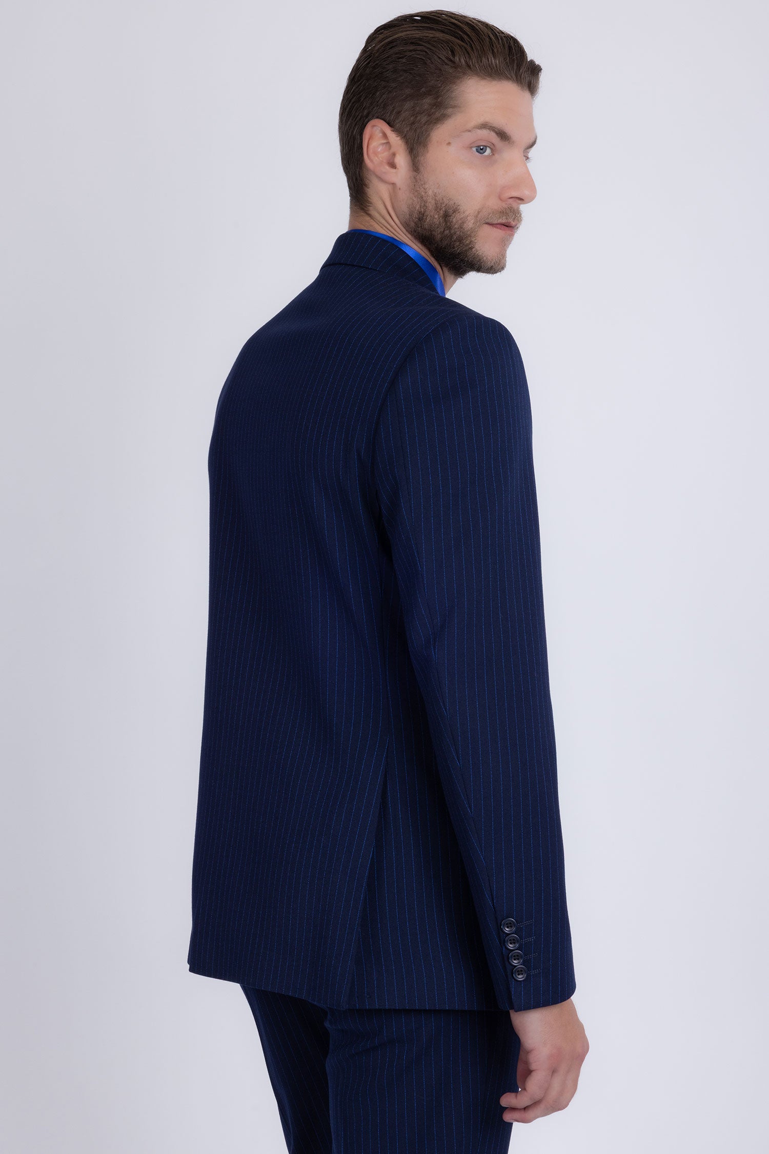 Barabas Men's Pinstripe Double Breasted Shawl Lapel Suit 6SU03 Navy Blue