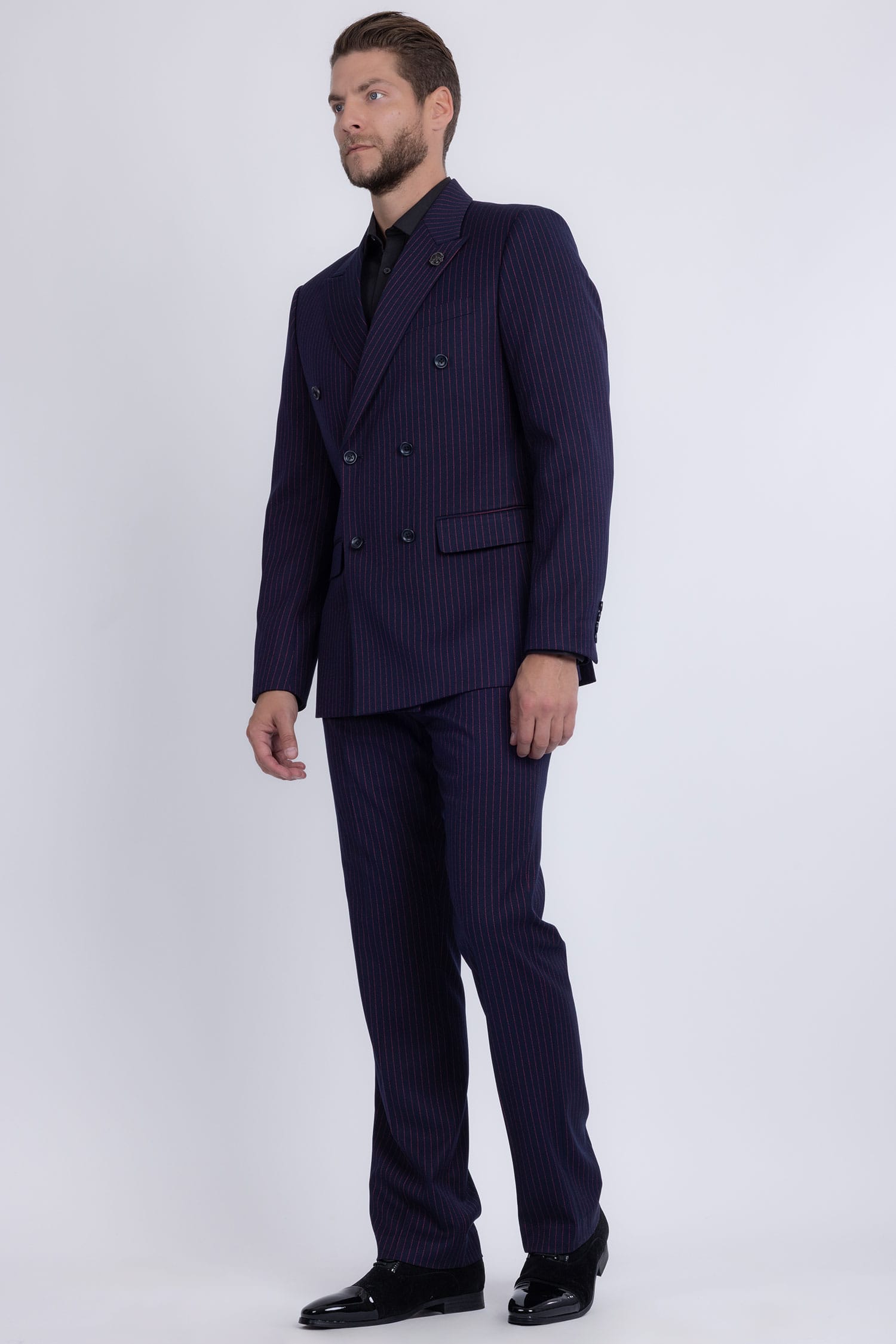 Barabas Men's Pinstripe Double Breasted Shawl Lapel Suit 6SU03 Navy Red