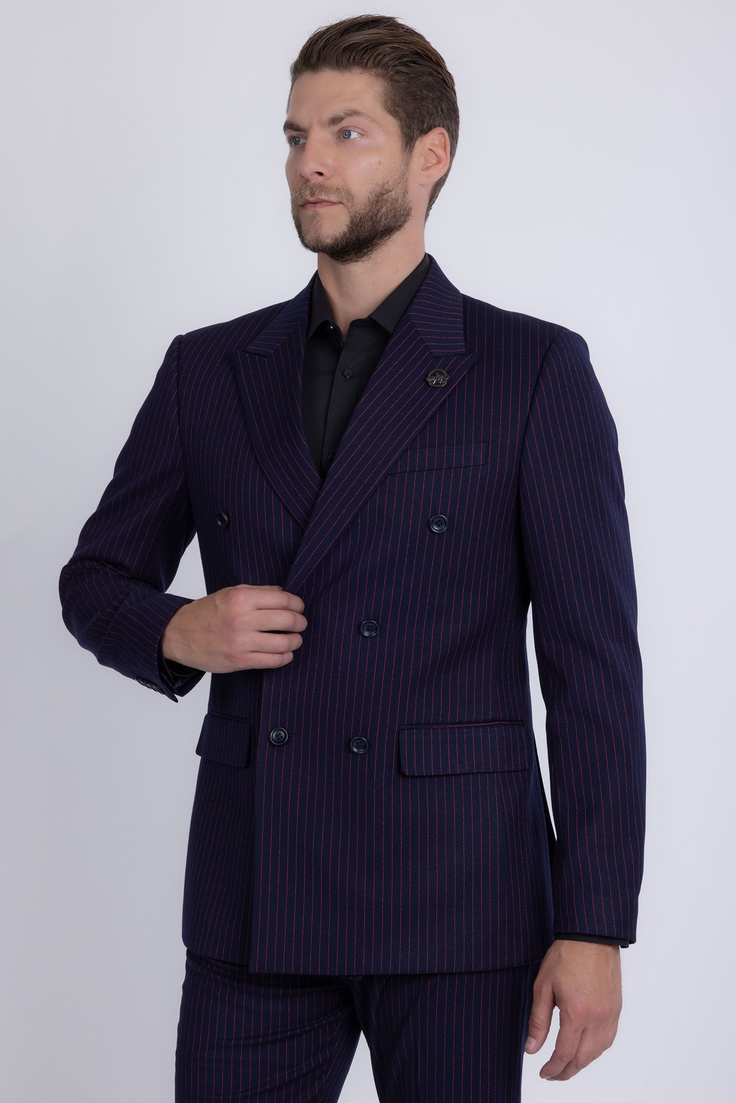 Barabas Men's Pinstripe Double Breasted Shawl Lapel Suit 6SU03 Navy Red
