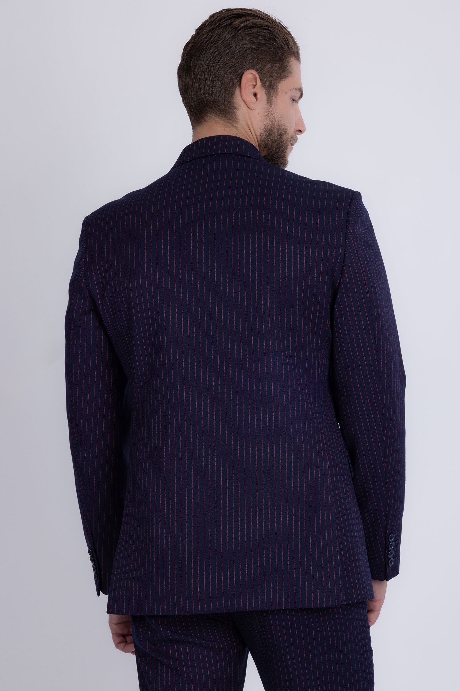 Barabas Men's Pinstripe Double Breasted Shawl Lapel Suit 6SU03 Navy Red