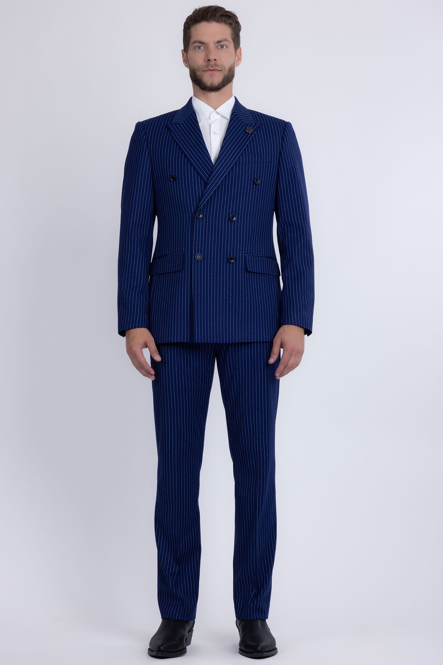 Barabas Men's Pinstripe Double Breasted Shawl Lapel Suit 6SU03 Royal White