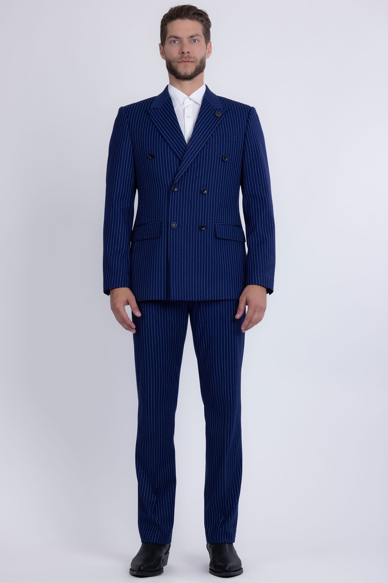 Barabas Men's Pinstripe Double Breasted Shawl Lapel Suit 6SU03 Royal White