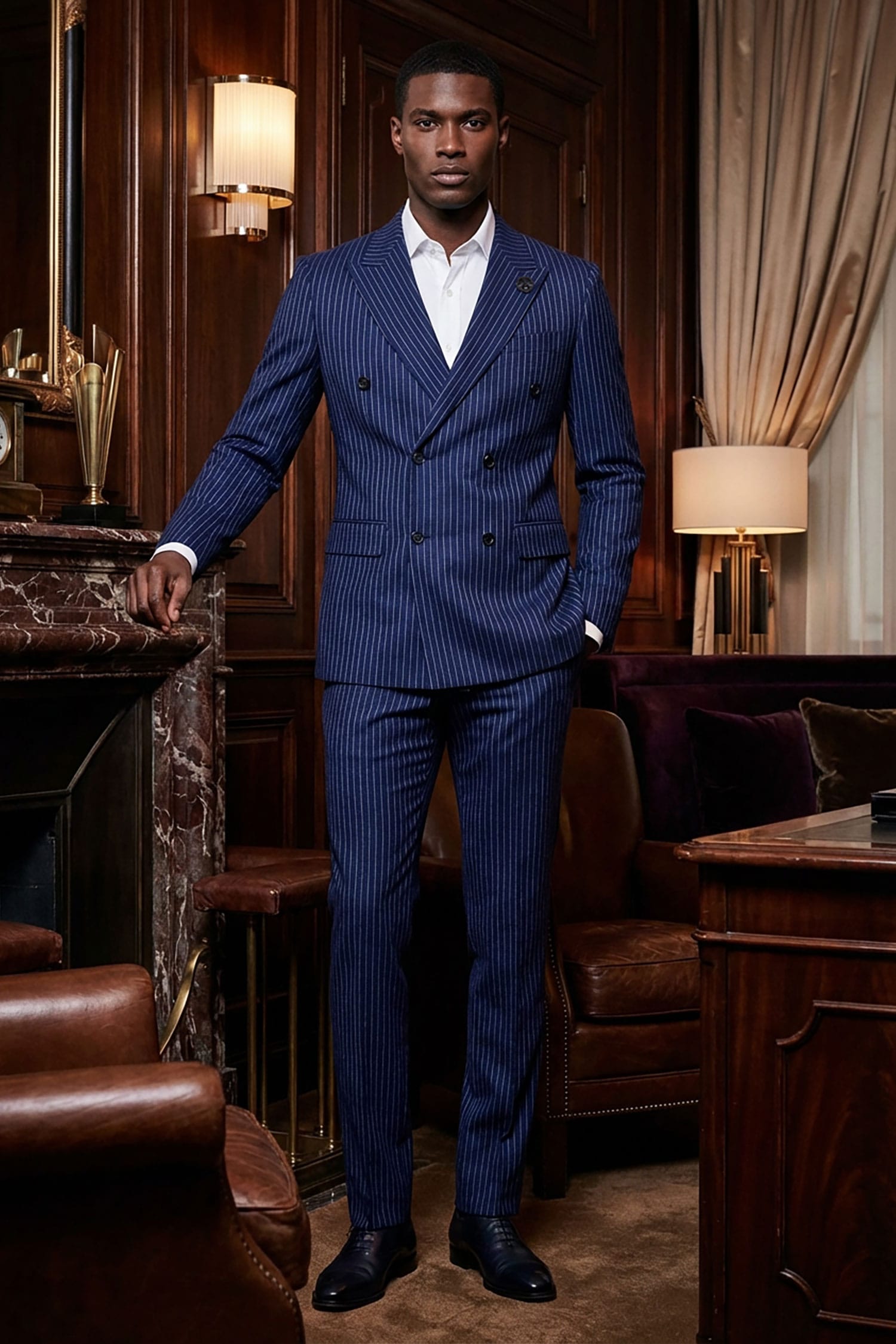 Barabas Men's Pinstripe Double Breasted Shawl Lapel Suit 6SU03 Royal White