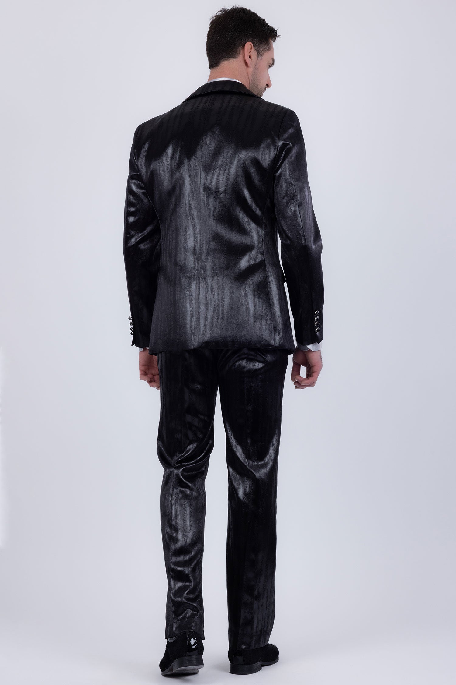 Barabas Men's Shiny Metallic Striped Pattern Notch Wide Lapel Suit 6SU04 Charcoal