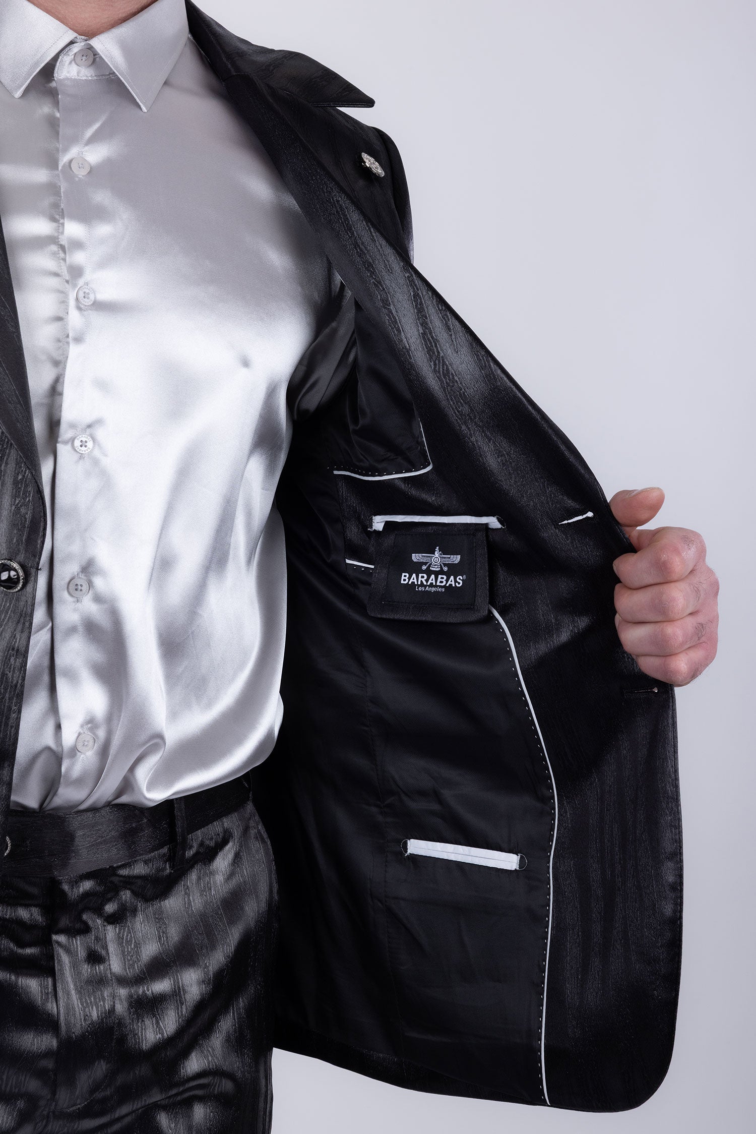 Barabas Men's Shiny Metallic Striped Pattern Notch Wide Lapel Suit 6SU04 Black