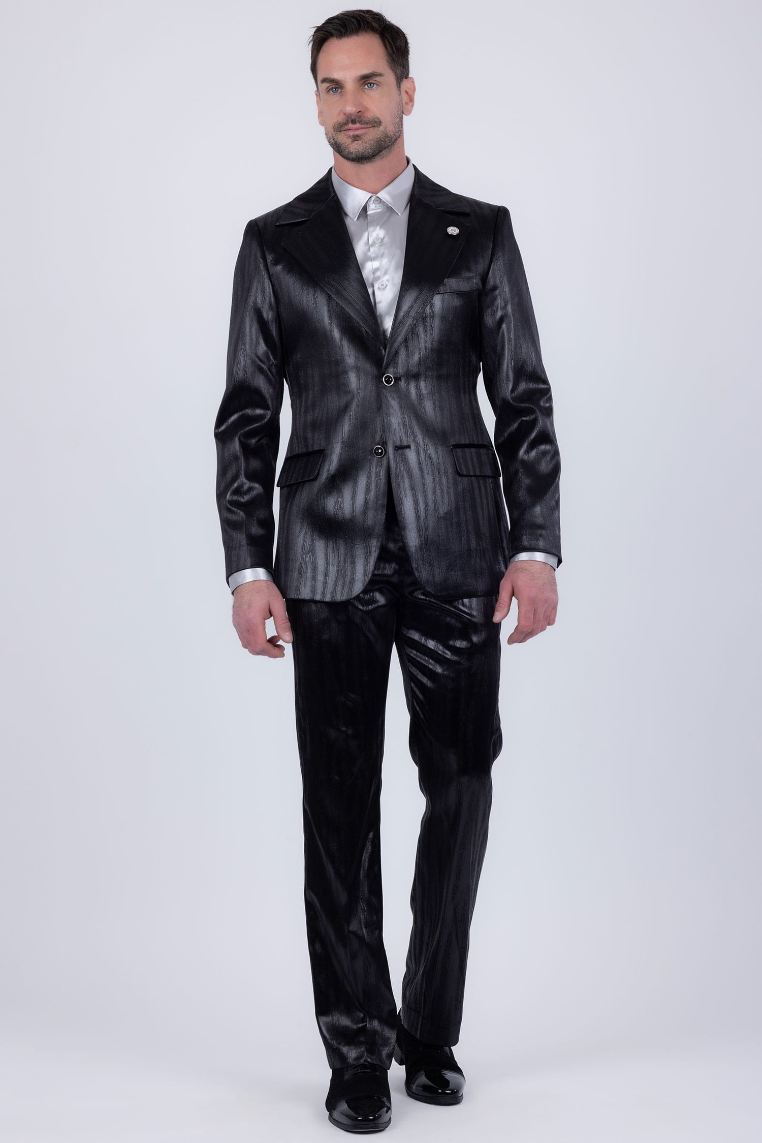 Barabas Men's Shiny Metallic Striped Pattern Notch Wide Lapel Suit 6SU04 Black